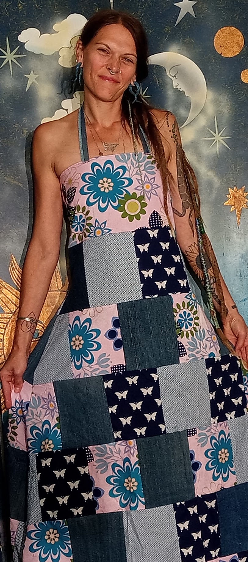 Psychedelic Butterfly Open Back Lace Up Patchwork Eco Dress