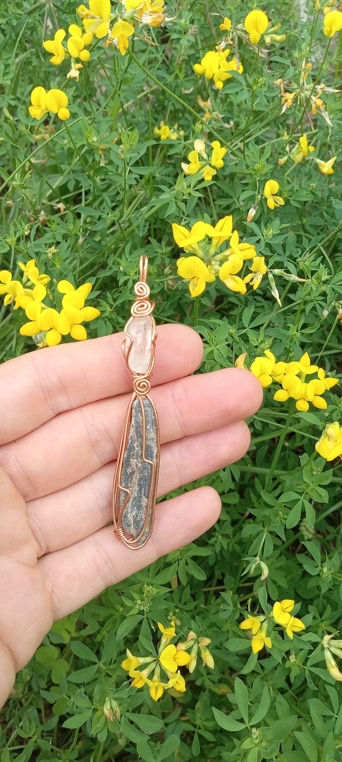 Quartz and Black Kyanite Copper Wire Wrapped Pendant