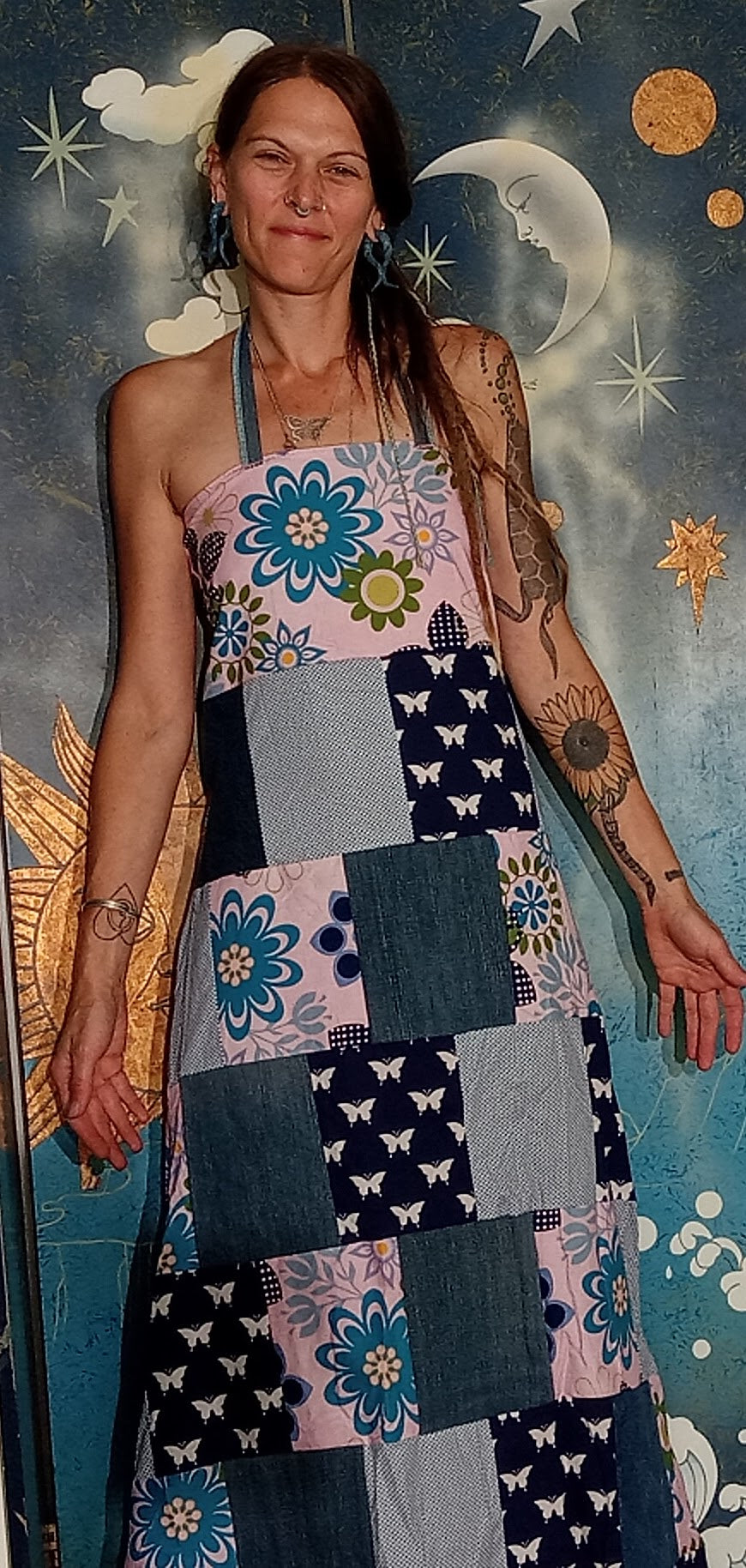 Psychedelic Butterfly Open Back Lace Up Patchwork Eco Dress