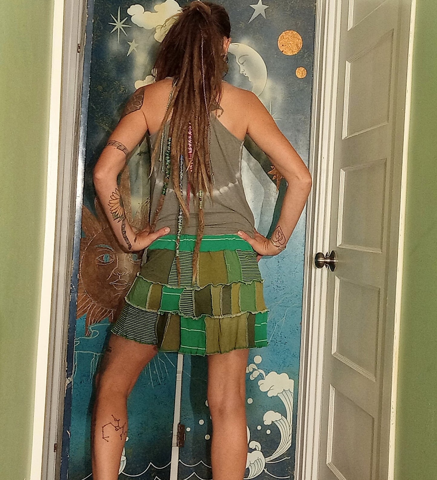 Coastal Forest Patchwork Hippie Adjustable Organic Cotton Skirt