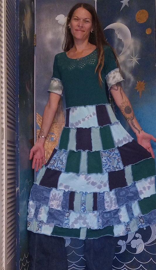 Where Ice Blue Roses Grow Patchwork Tie Dye Eco Dress
