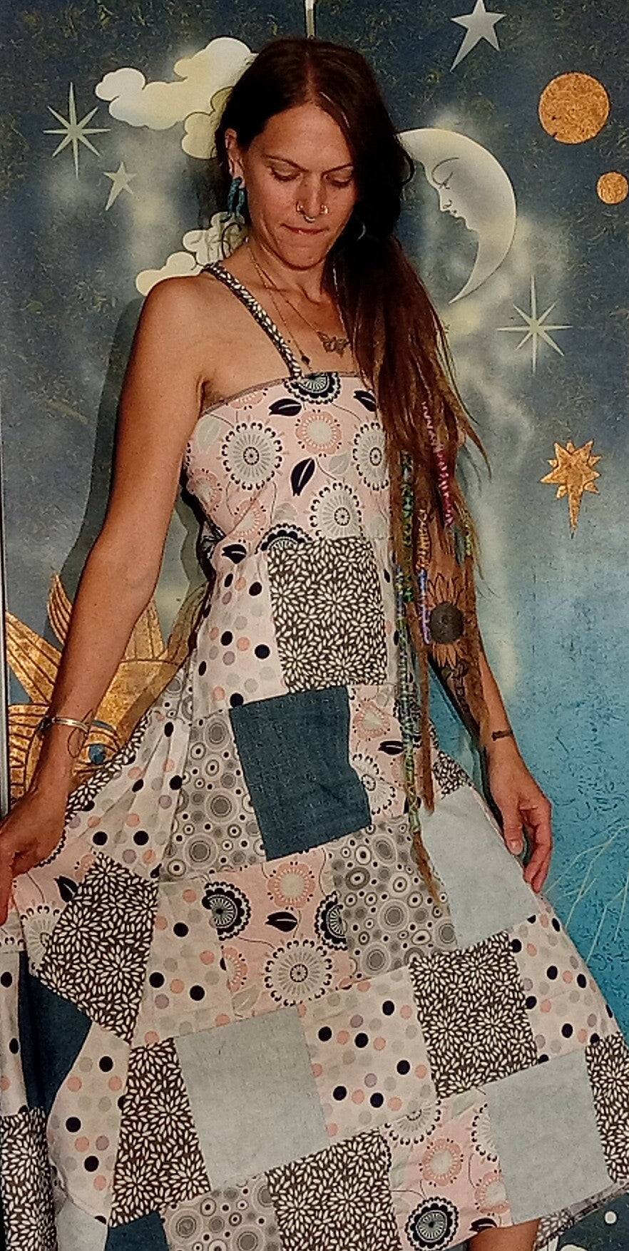 Cosmic Traveler Patchwork Open Back Lace Up Eco Dress