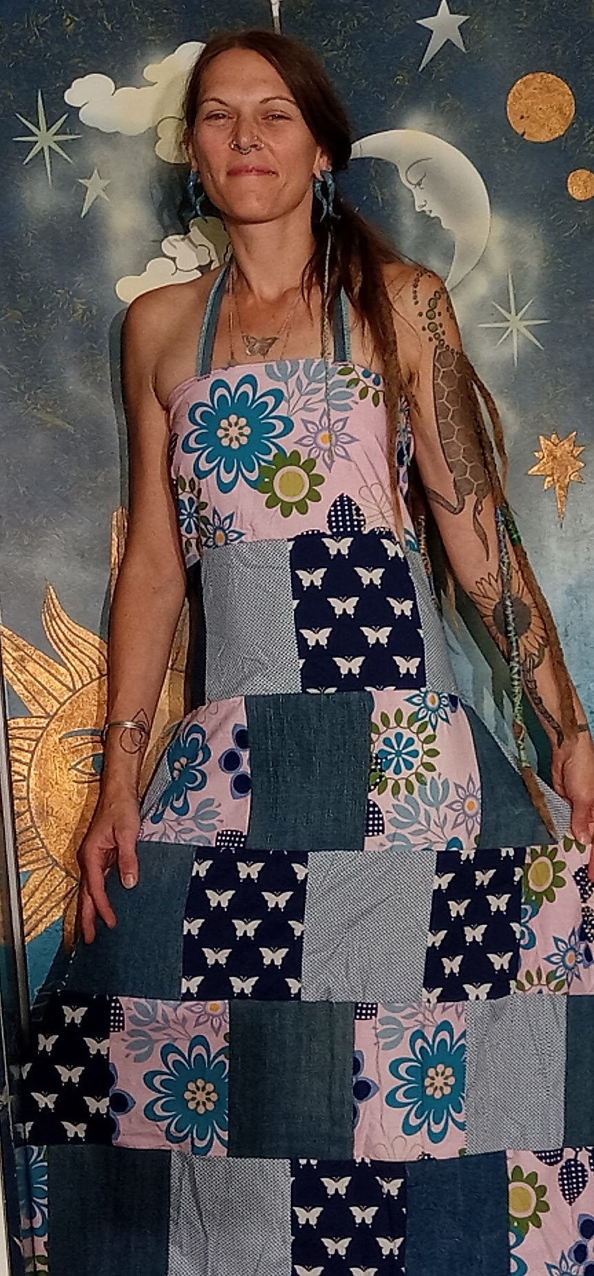 Psychedelic Butterfly Open Back Lace Up Patchwork Eco Dress