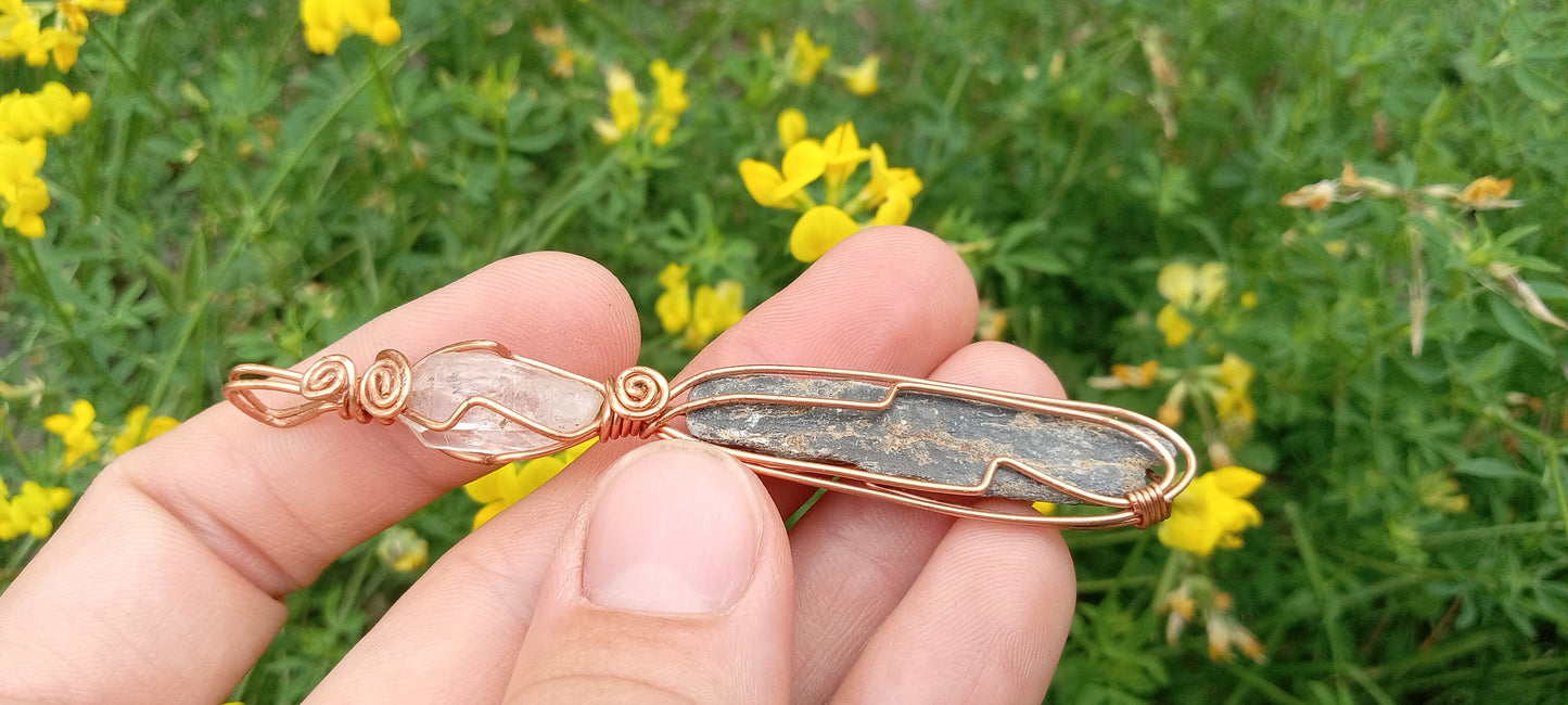 Quartz and Black Kyanite Copper Wire Wrapped Pendant