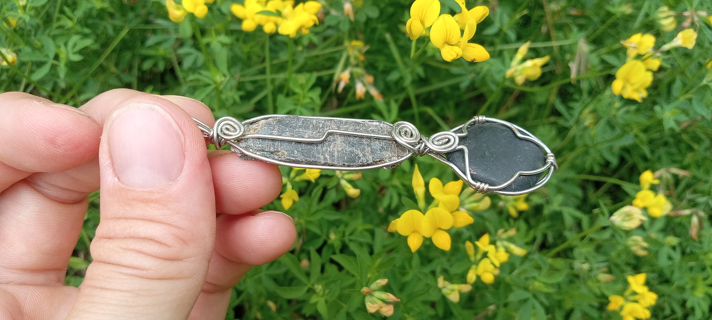 Black Kyanite and Jade Handmade Wire Wrapped Pendant - Sterling Silver - Spirals - Metaphysical - Chakras - Bohemian - Hippie - Gypsy - Natural Jewelry - Organic Jewelry - Ecofriendly