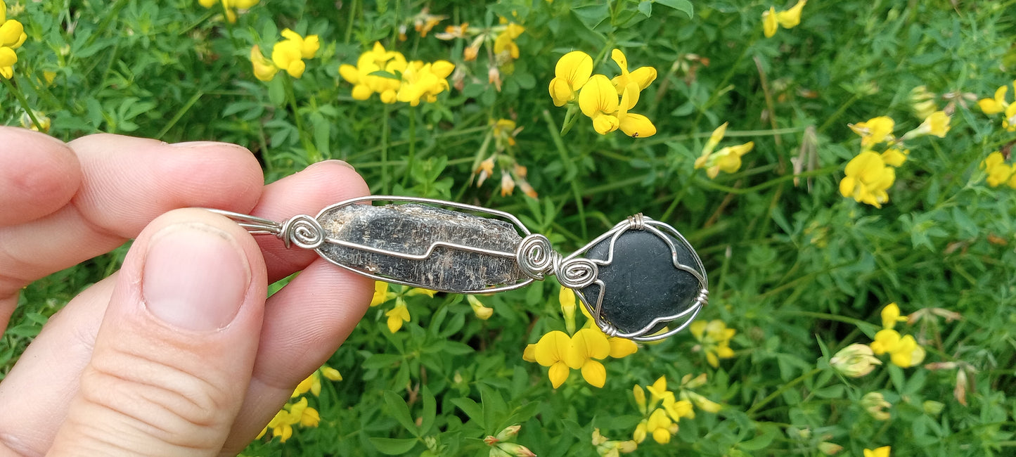 Black Kyanite and Jade Handmade Wire Wrapped Pendant - Sterling Silver - Spirals - Metaphysical - Chakras - Bohemian - Hippie - Gypsy - Natural Jewelry - Organic Jewelry - Ecofriendly