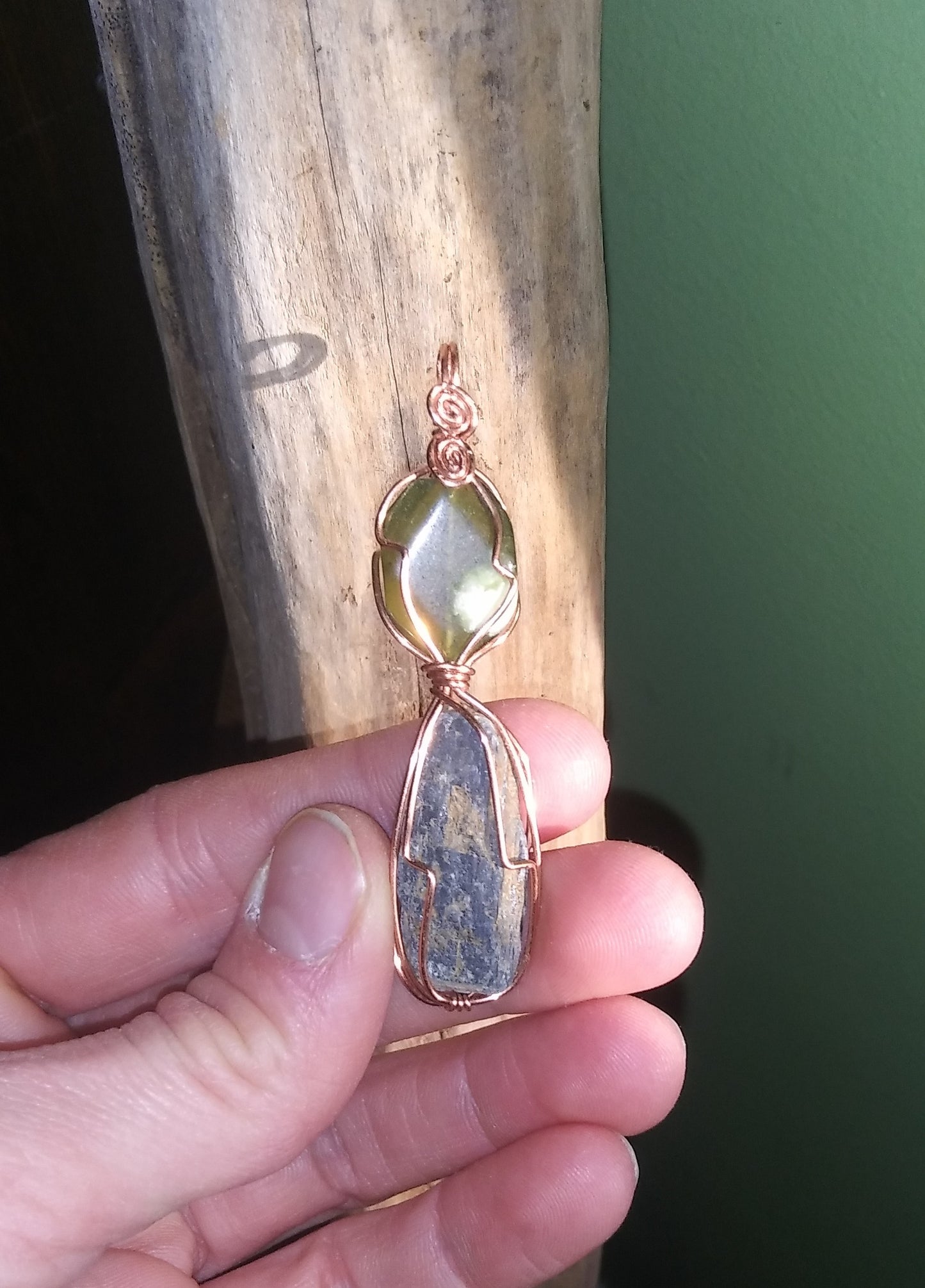 Black Kyanite and Jade Copper Wire Wrapped Pendant - Handmade - Crystal Jewelry - Organic Jewelry - Ecofriendly - Bohemian - Hippie Jewelry - Crystal Pendant - Gemstone - Spirals