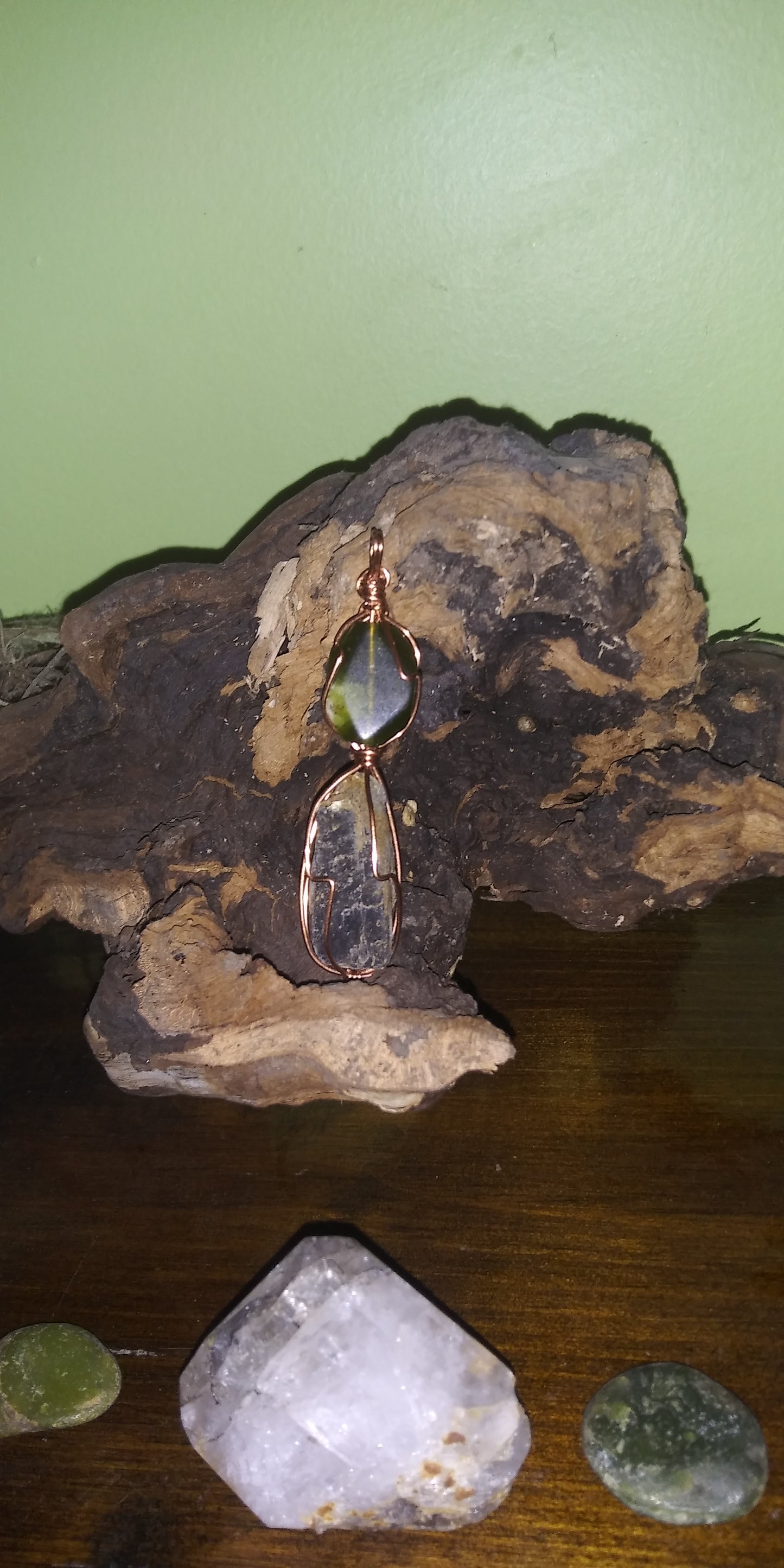 Black Kyanite and Jade Copper Wire Wrapped Pendant - Handmade - Crystal Jewelry - Organic Jewelry - Ecofriendly - Bohemian - Hippie Jewelry - Crystal Pendant - Gemstone - Spirals