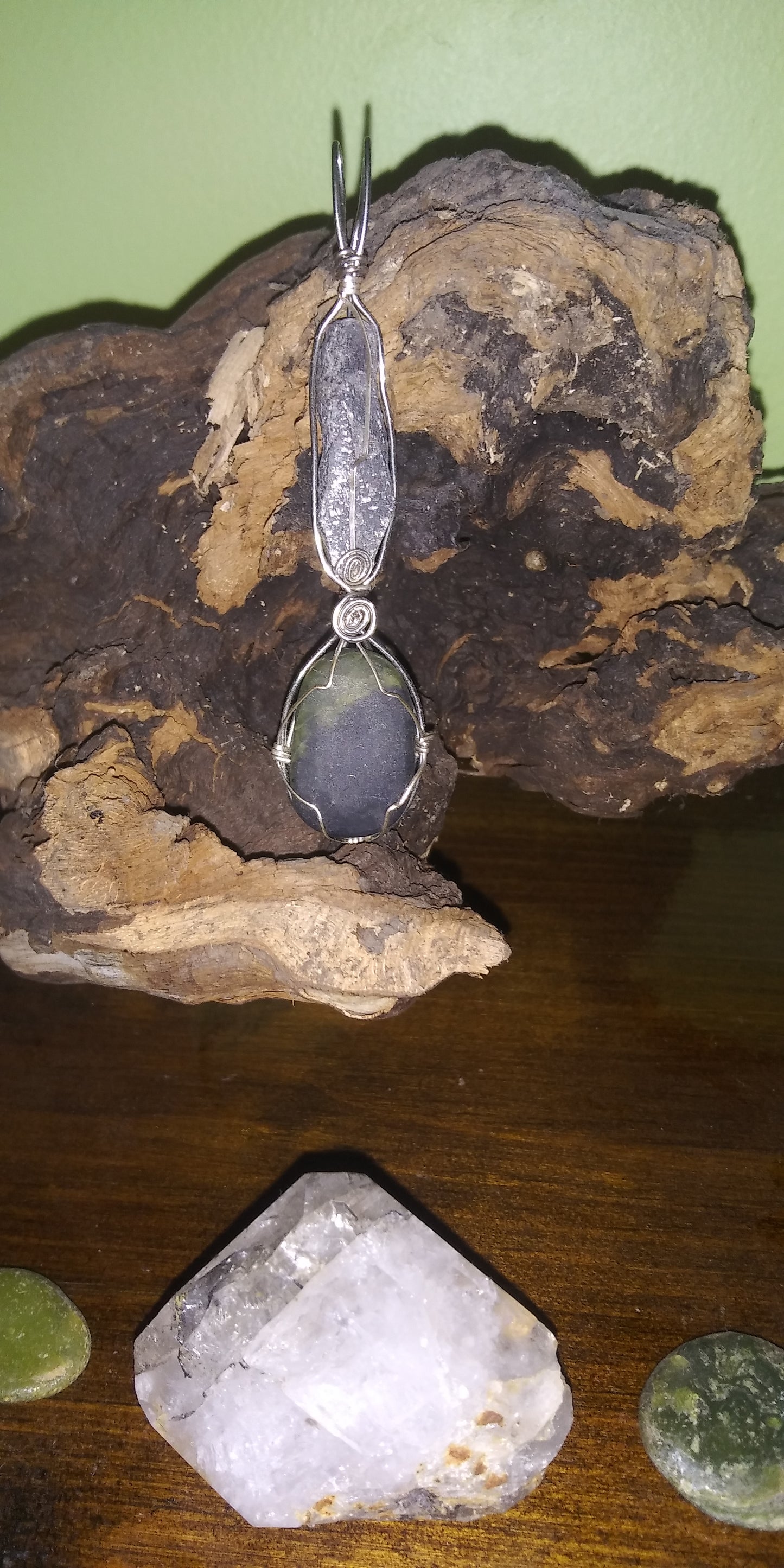 Black Kyanite and Jade Handmade Wire Wrapped Pendant - Sterling Silver - Spirals - Metaphysical - Chakras - Bohemian - Hippie - Gypsy - Natural Jewelry - Organic Jewelry - Ecofriendly