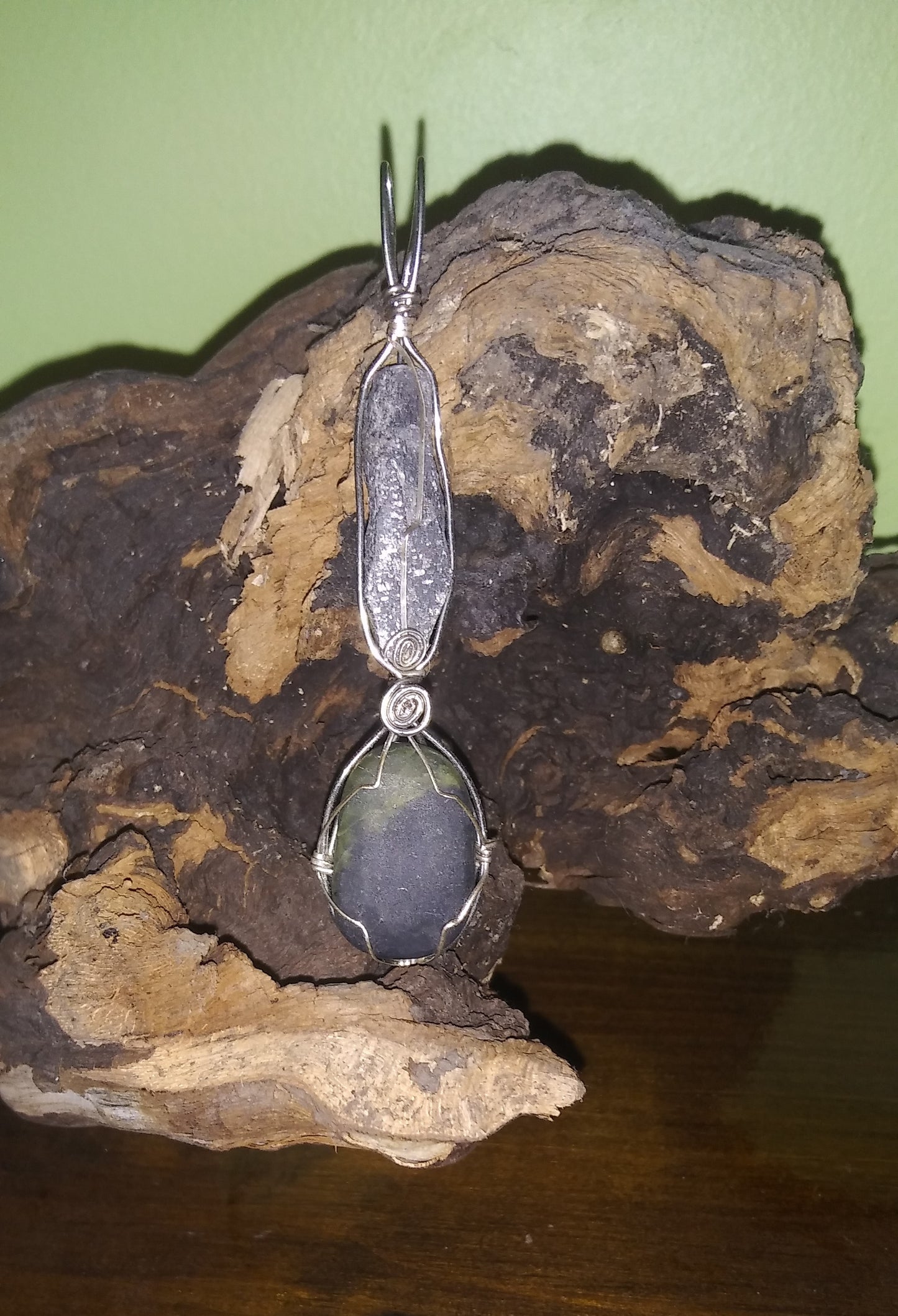 Black Kyanite and Jade Handmade Wire Wrapped Pendant - Sterling Silver - Spirals - Metaphysical - Chakras - Bohemian - Hippie - Gypsy - Natural Jewelry - Organic Jewelry - Ecofriendly