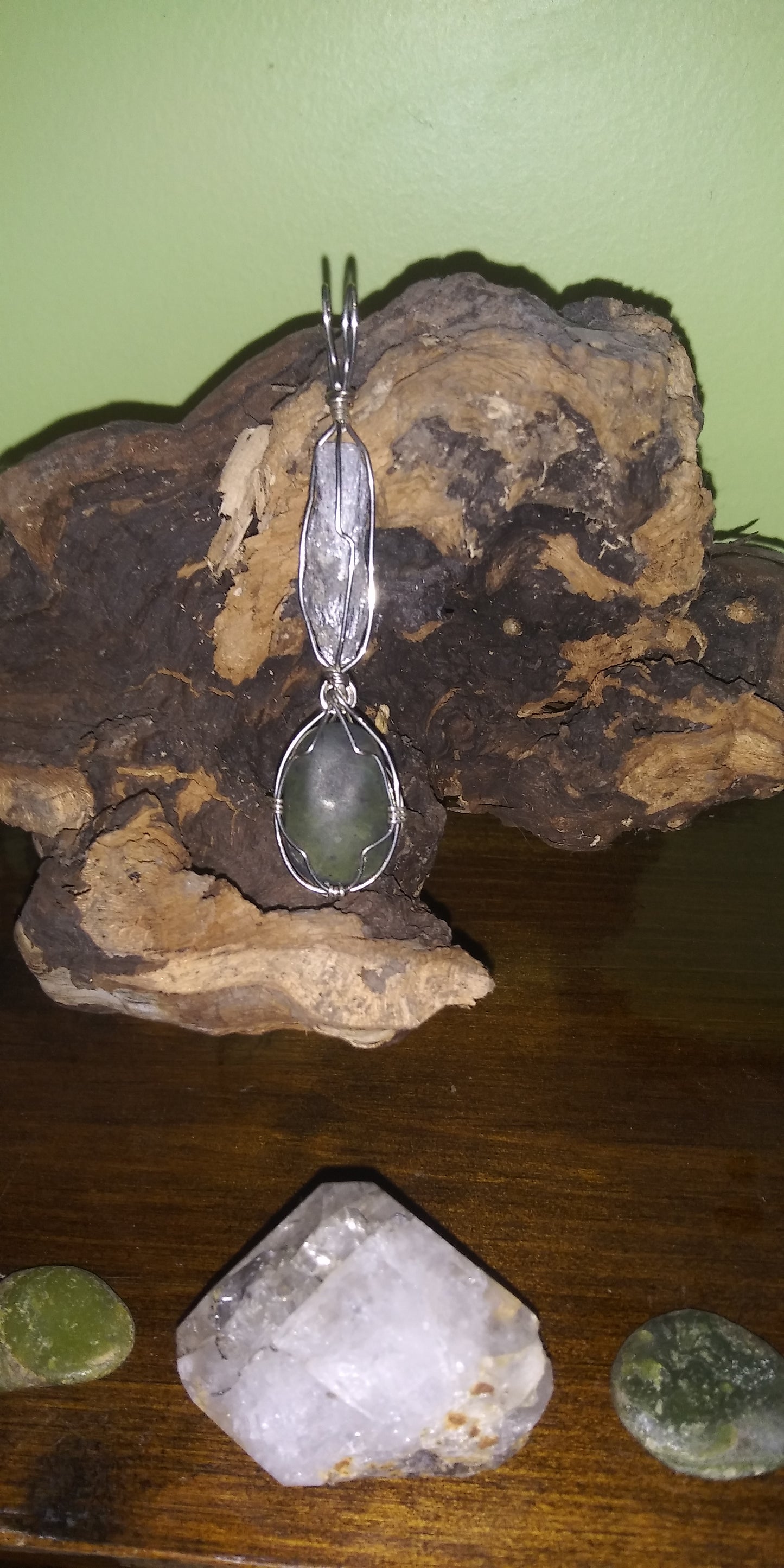 Black Kyanite and Jade Handmade Wire Wrapped Pendant - Sterling Silver - Spirals - Metaphysical - Chakras - Bohemian - Hippie - Gypsy - Natural Jewelry - Organic Jewelry - Ecofriendly