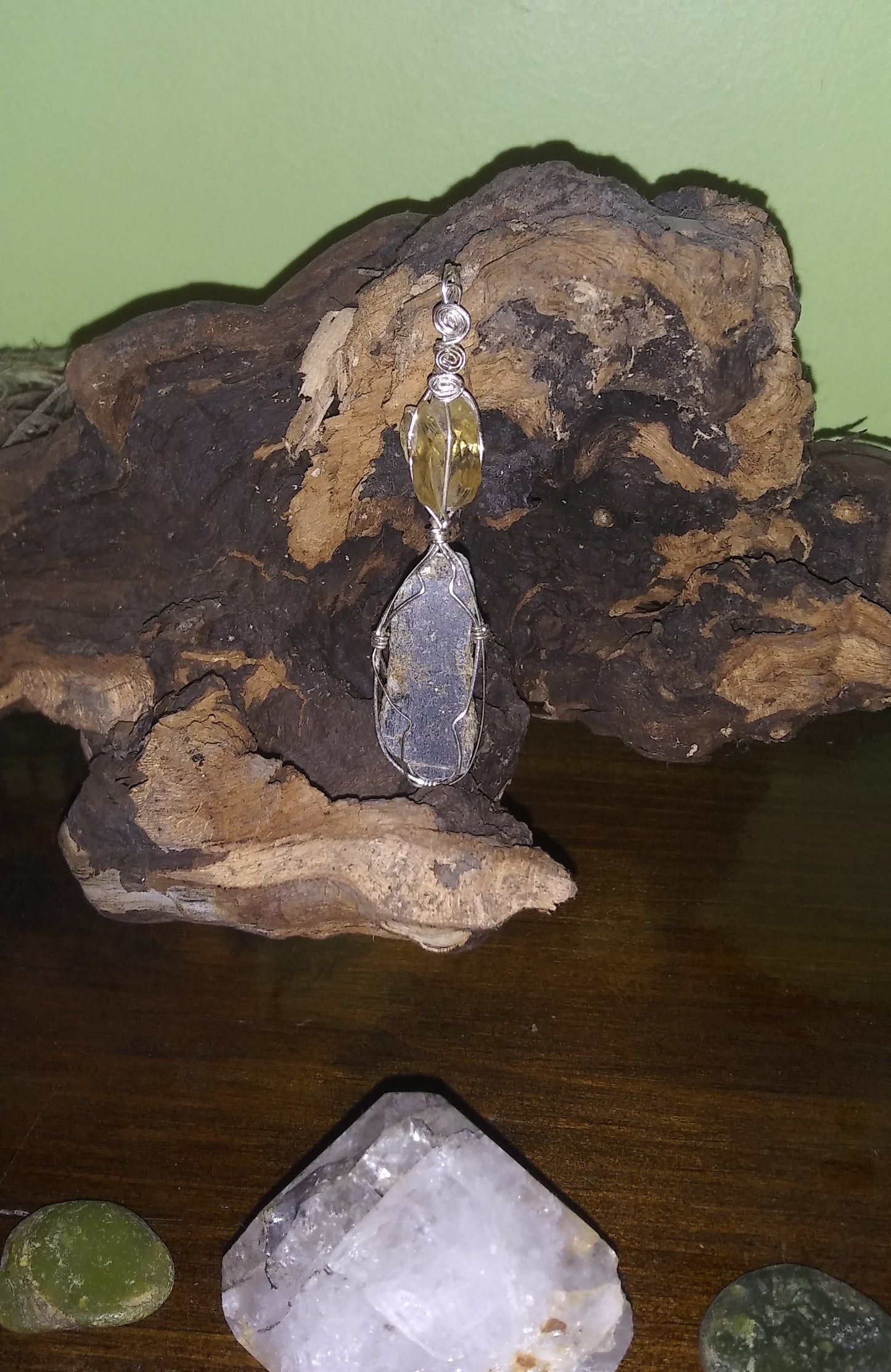 Golden Dogtooth Calcite and Black Kyanite Crystal Pendant - Handmade - Wire wrapped - Sterling Silver - Spirals - Metaphysical - Chakras - Natural Jewelry - Organic Jewelry - Ecofriendly - Hippie - Bohemian