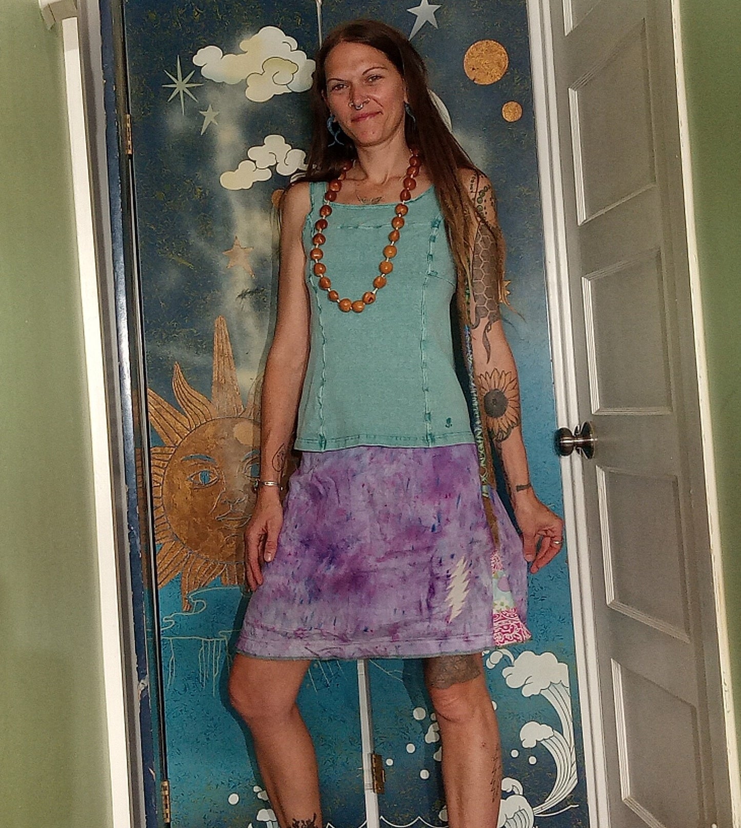 Tie Dye Retro Flowers Patchwork Hippie Fitted Skirt