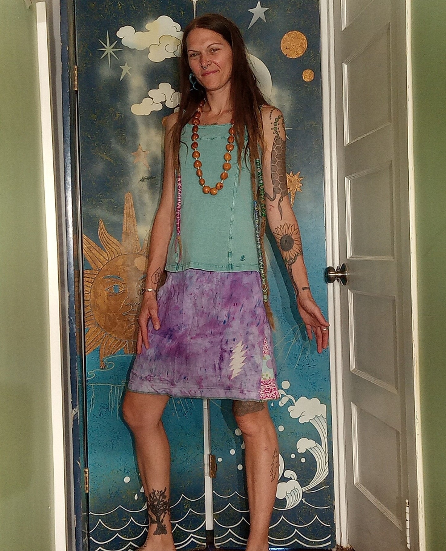 Tie Dye Retro Flowers Patchwork Hippie Fitted Skirt