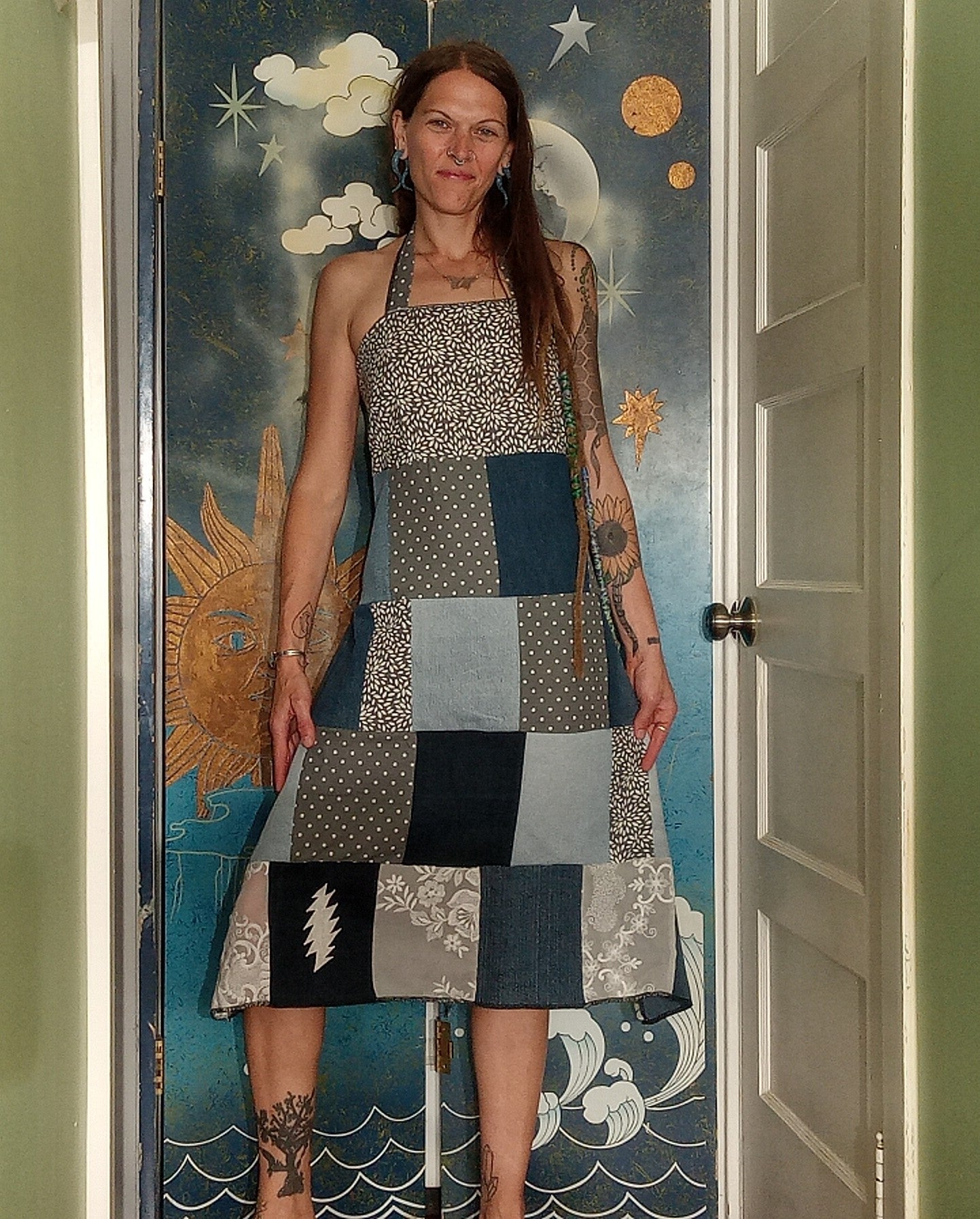 Touch of Grey Patchwork Adjustable Grateful Dead Lightning Bolt Dress Lace Up Back