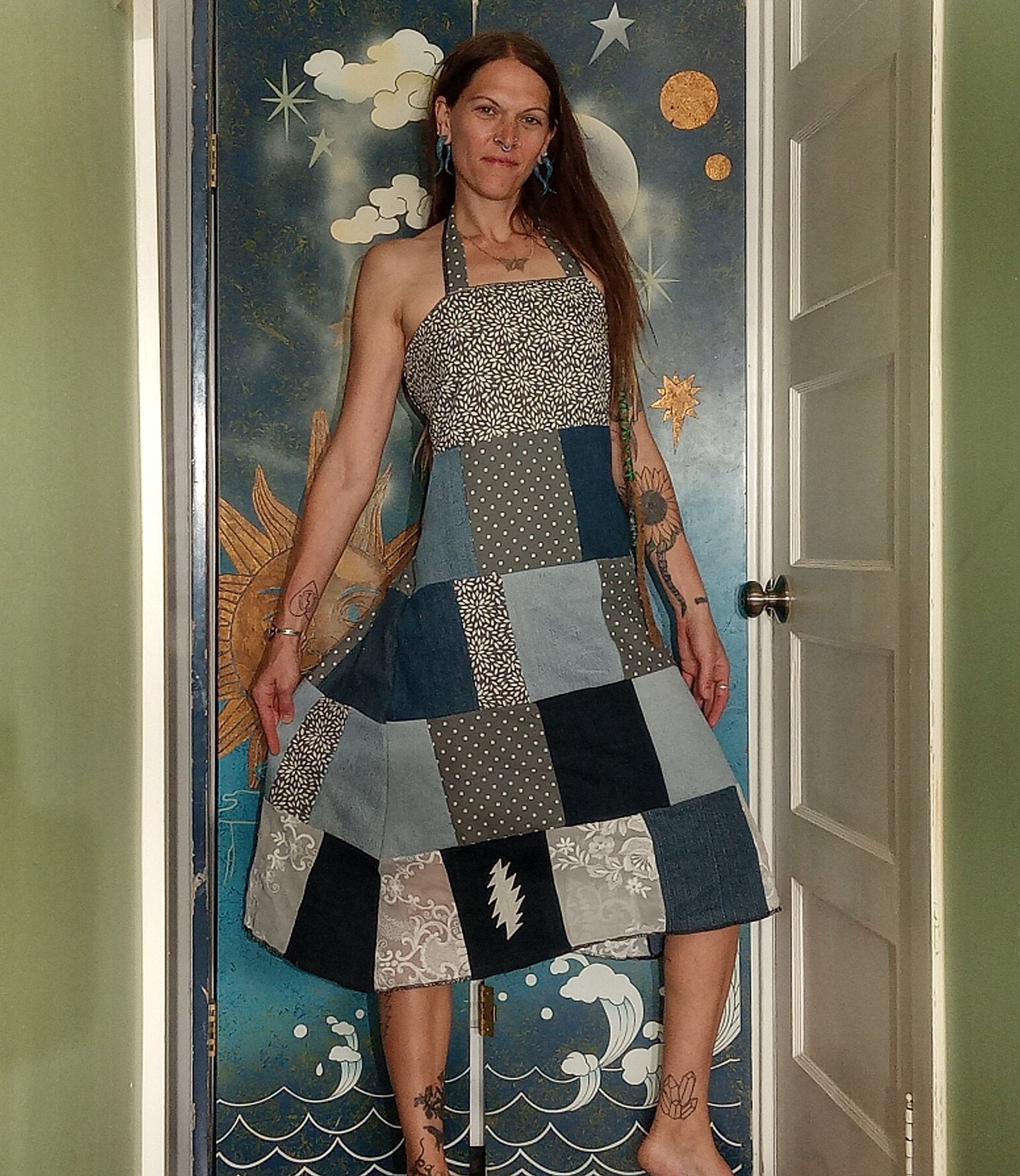 Touch of Grey Patchwork Adjustable Grateful Dead Lightning Bolt Dress Lace Up Back