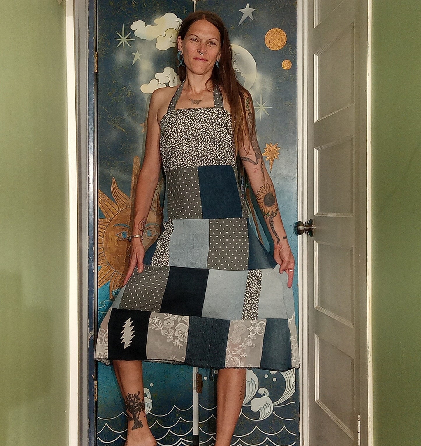 Touch of Grey Patchwork Adjustable Grateful Dead Lightning Bolt Dress Lace Up Back