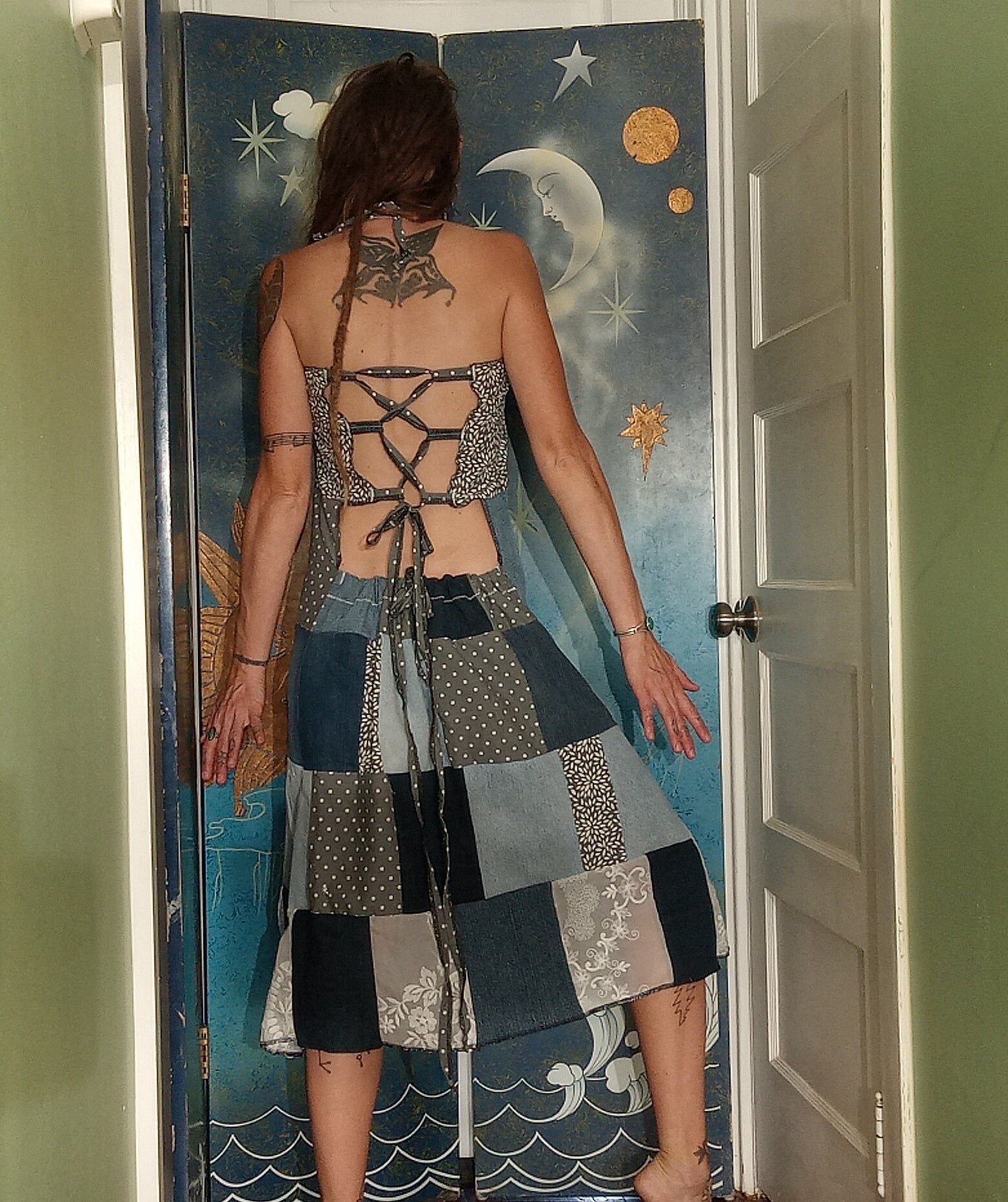 Touch of Grey Patchwork Adjustable Grateful Dead Lightning Bolt Dress Lace Up Back