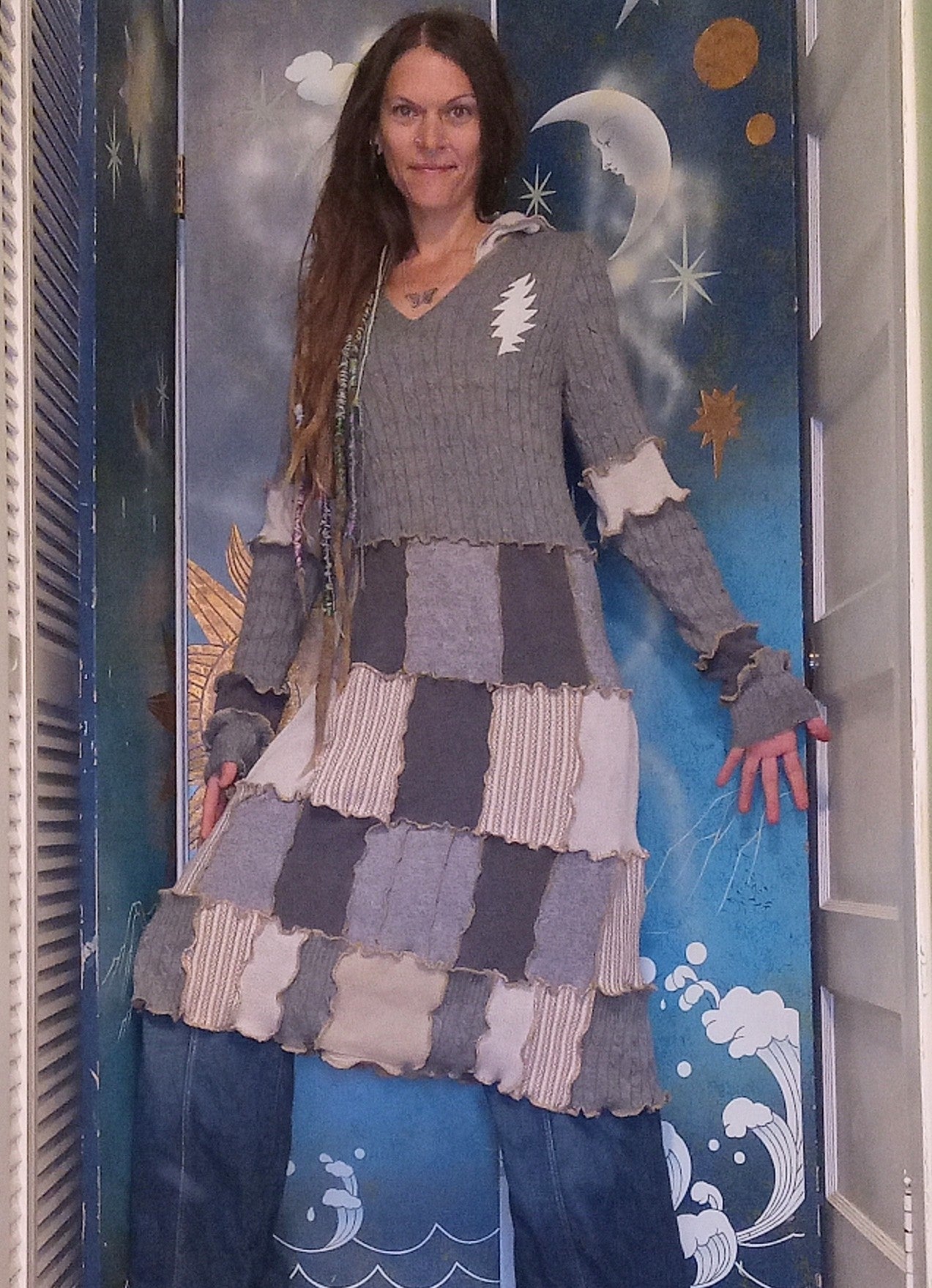 Winter Gray Grateful Dead Patchwork Eco Wool Dress with Hood