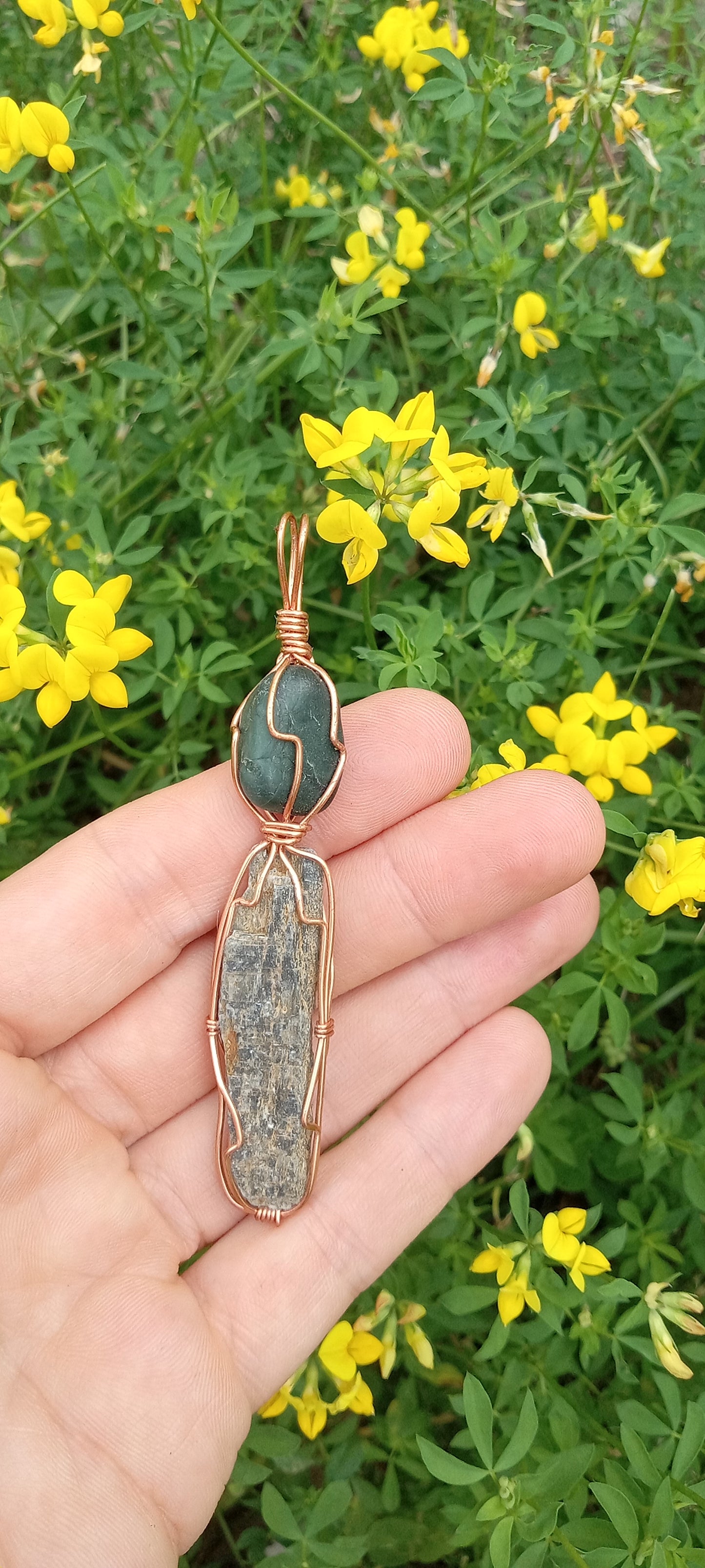 Jade and Black Kyanite Copper Wire Wrapped Pendant