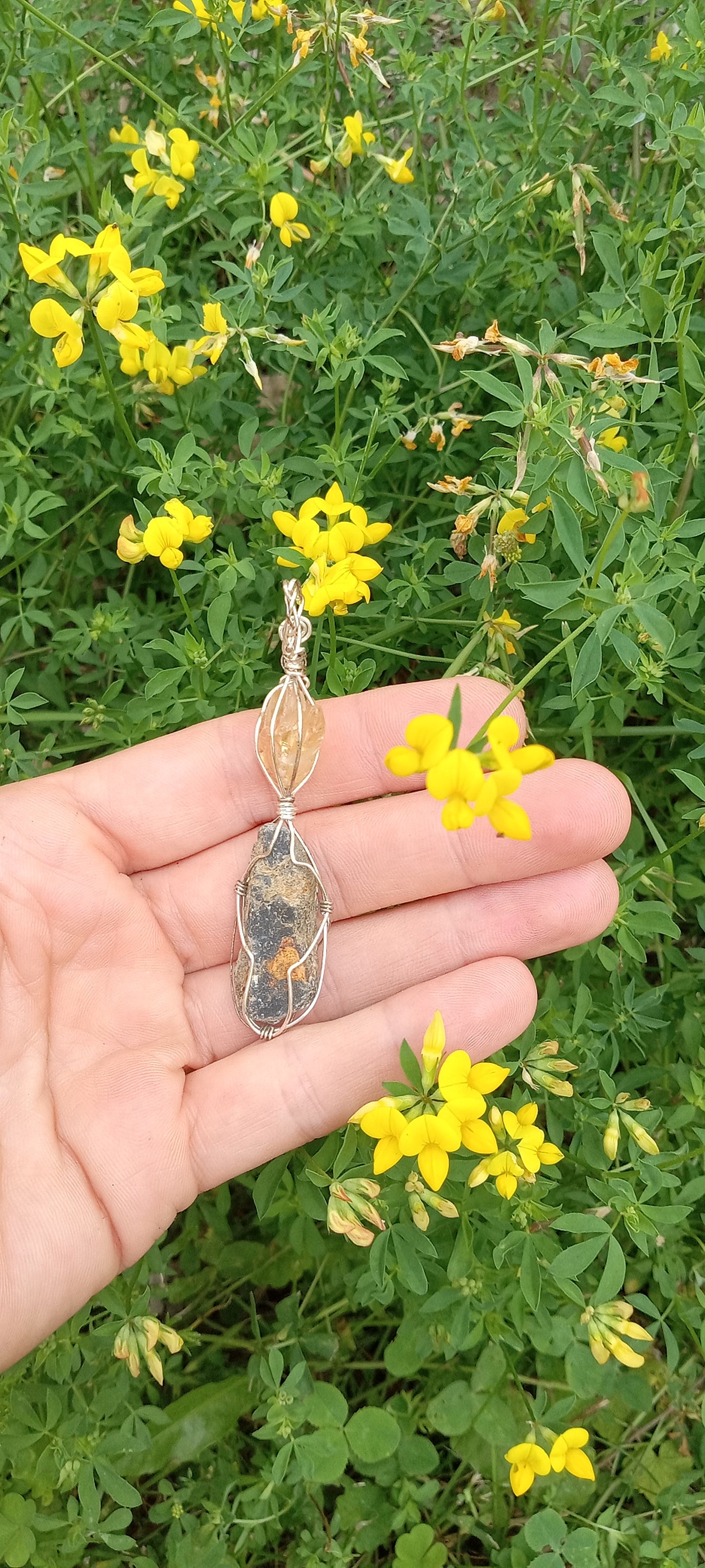 Golden Dogtooth Calcite and Black Kyanite Crystal Pendant - Handmade - Wire wrapped - Sterling Silver - Spirals - Metaphysical - Chakras - Natural Jewelry - Organic Jewelry - Ecofriendly - Hippie - Bohemian