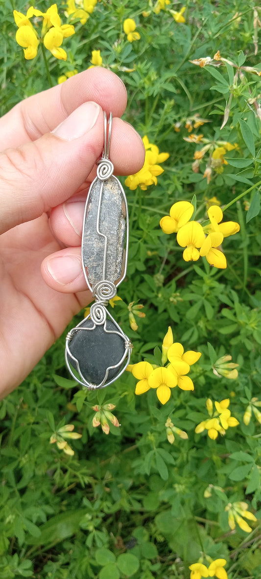 Black Kyanite and Jade Handmade Wire Wrapped Pendant - Sterling Silver - Spirals - Metaphysical - Chakras - Bohemian - Hippie - Gypsy - Natural Jewelry - Organic Jewelry - Ecofriendly