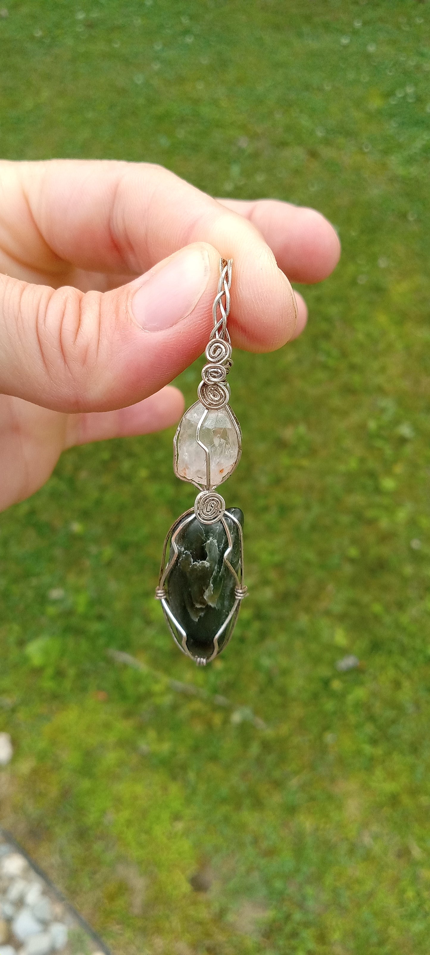 Quartz and Nephrite Jade Wire Wrapped Sterling Silver Pendant - Rainbows - Metaphysical - Natural - Organic Jewelry - Hippie - Bohemian - Handmade