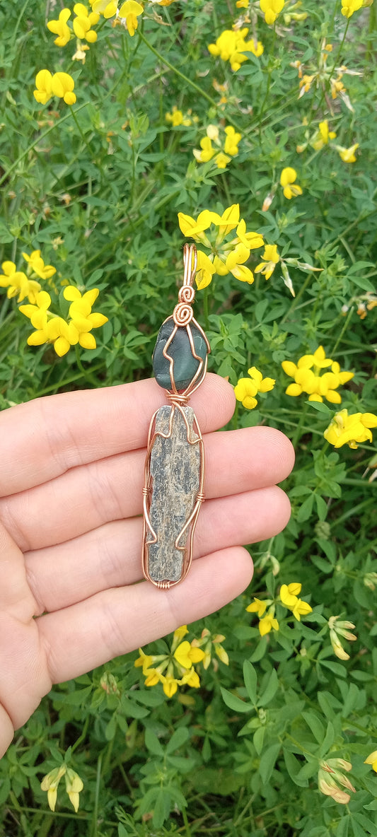 Jade and Black Kyanite Copper Wire Wrapped Pendant