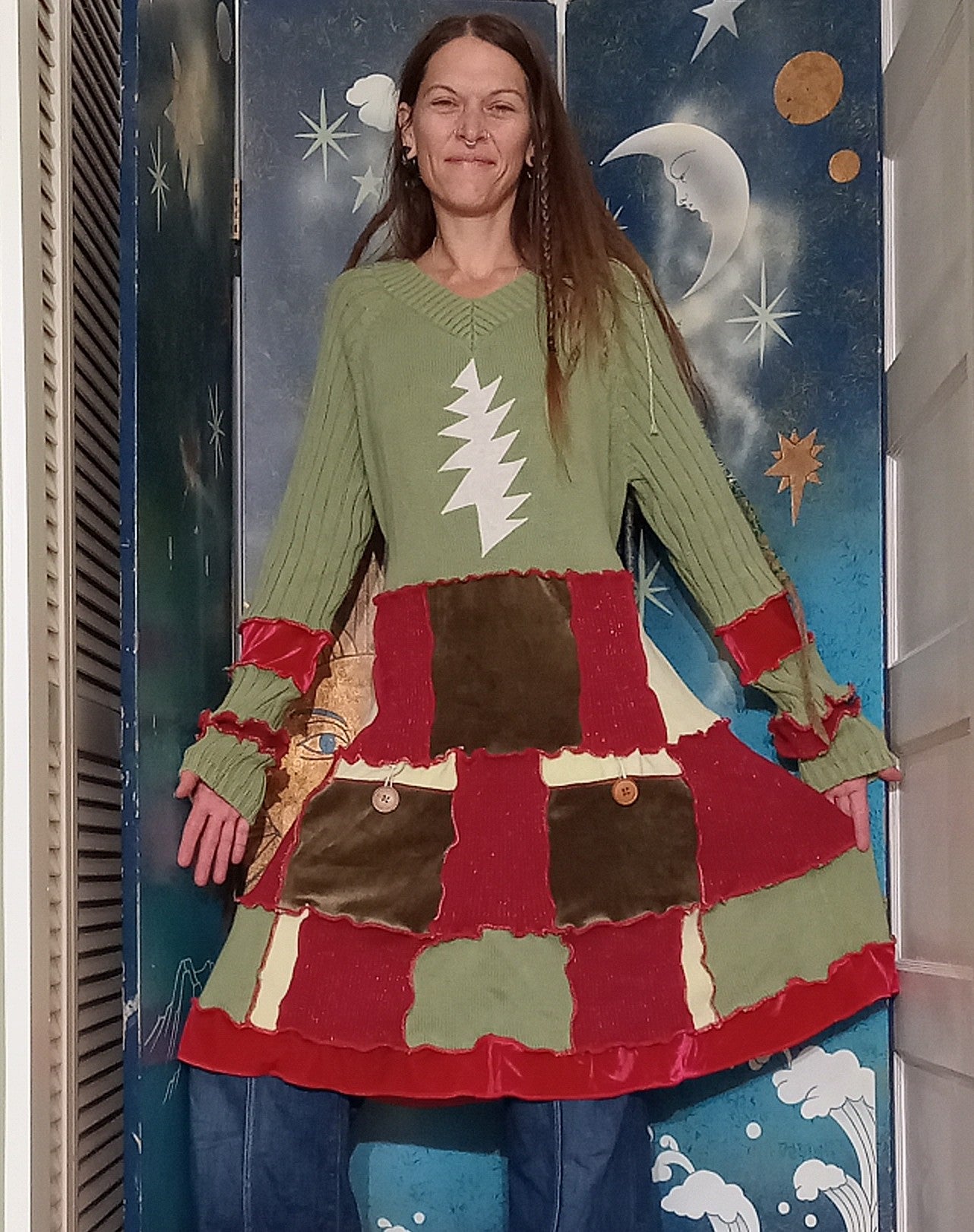 Jingle Bells Grateful Dead Patchwork Eco Sweater Dress with Pockets