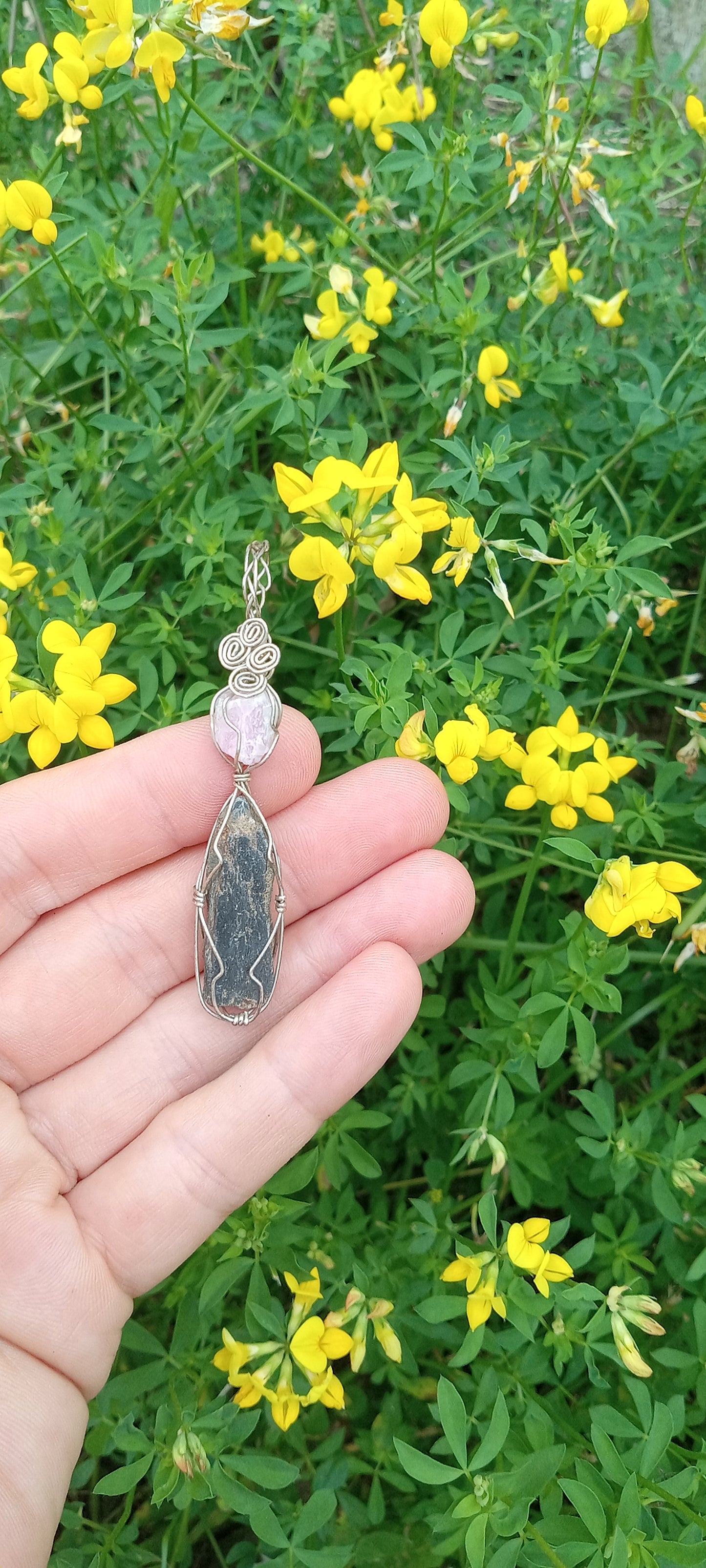 Lepidolite and Black Kyanite Sterling Silver Wire Wrapped Pendant