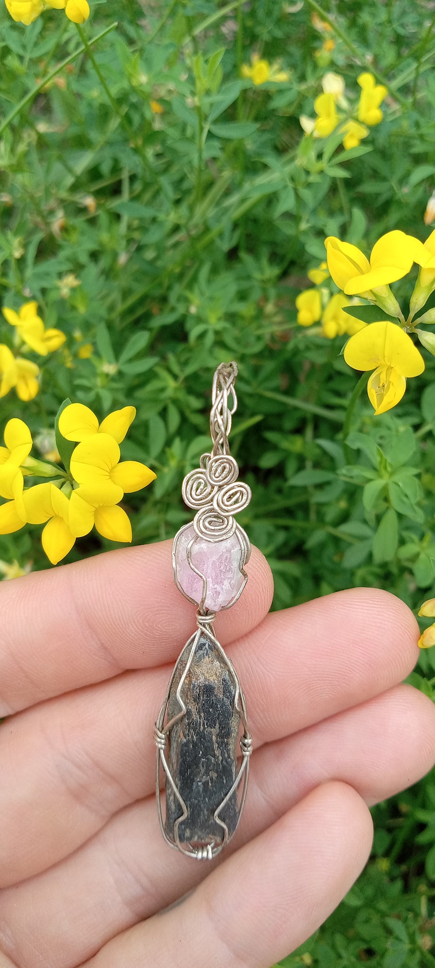 Lepidolite and Black Kyanite Sterling Silver Wire Wrapped Pendant