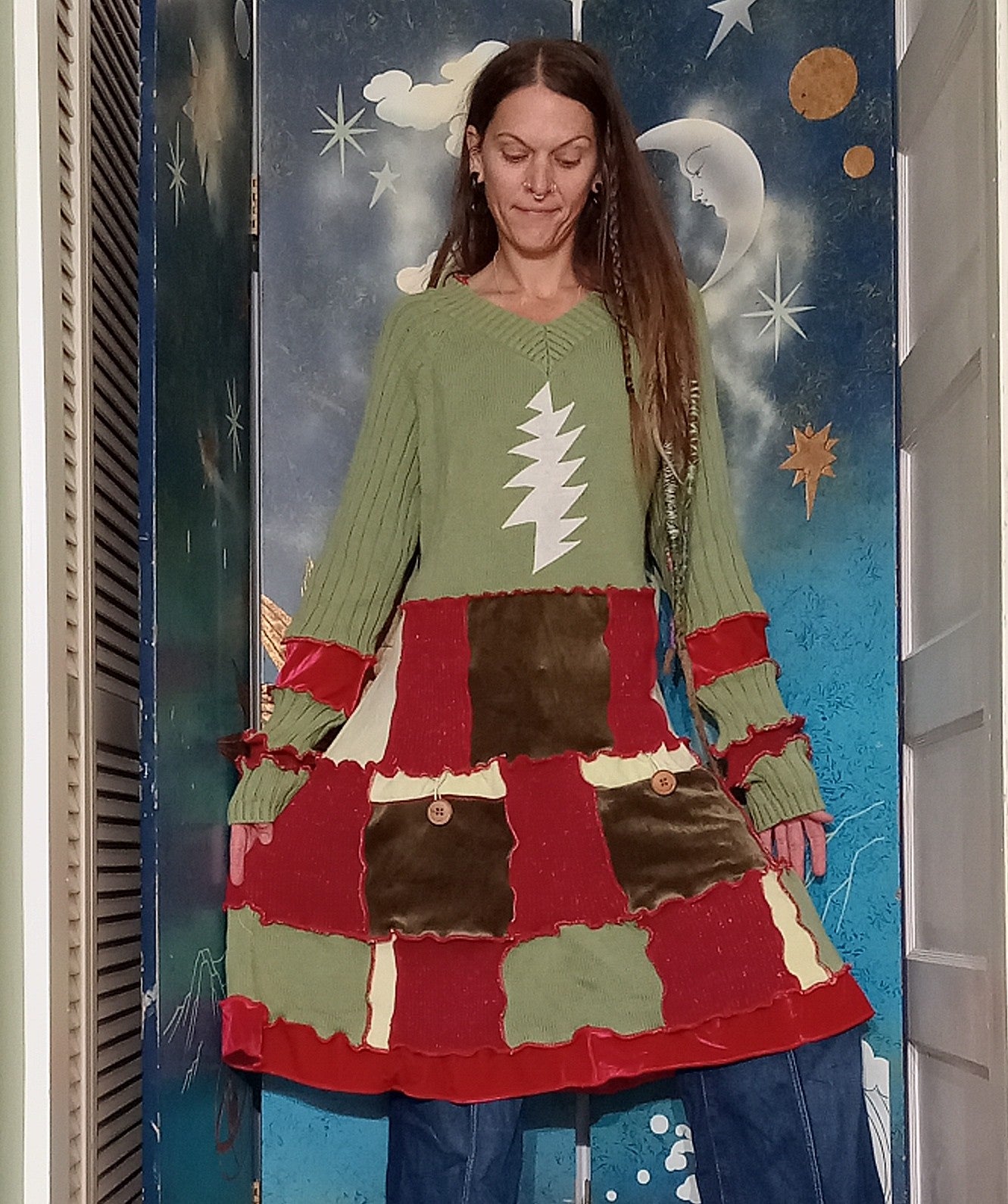 Jingle Bells Grateful Dead Patchwork Eco Sweater Dress with Pockets