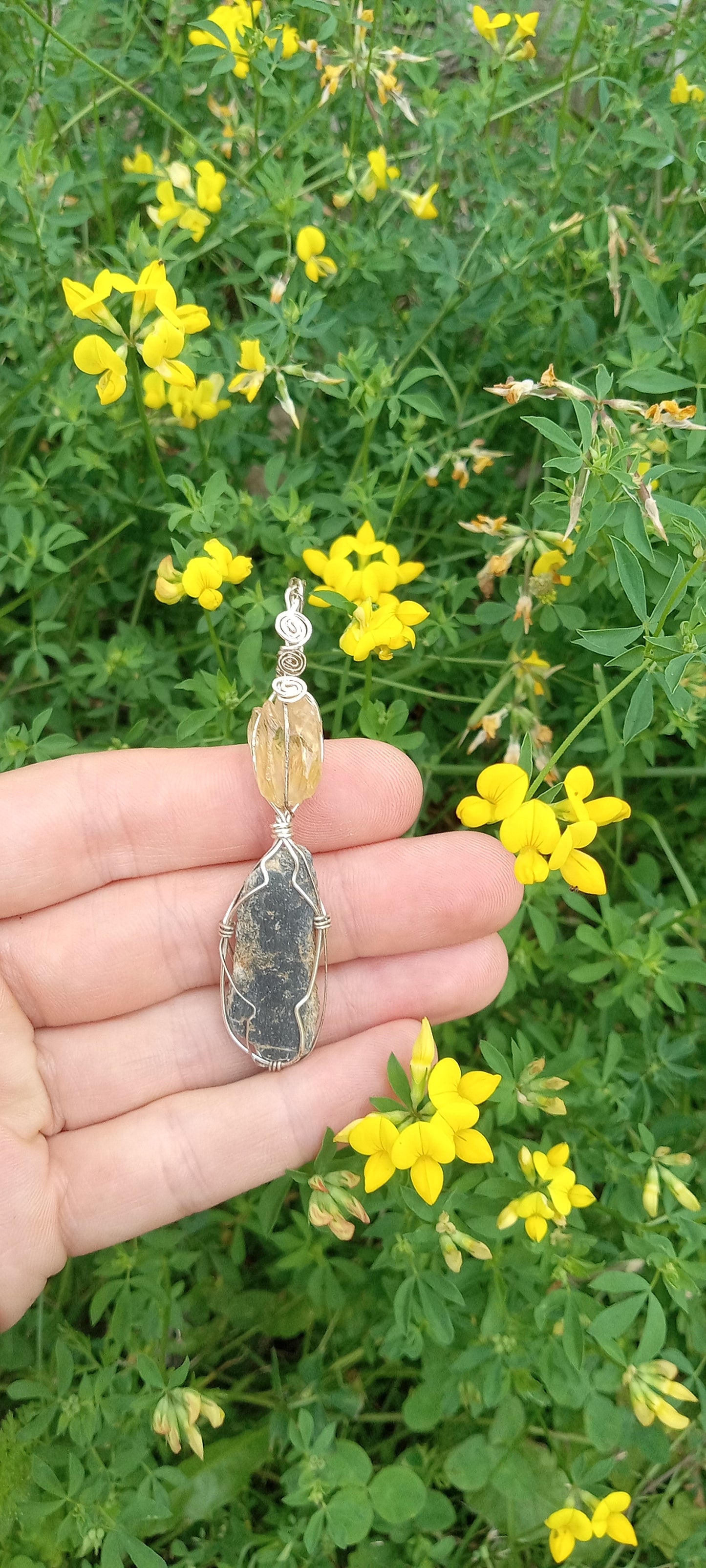 Golden Dogtooth Calcite and Black Kyanite Crystal Pendant - Handmade - Wire wrapped - Sterling Silver - Spirals - Metaphysical - Chakras - Natural Jewelry - Organic Jewelry - Ecofriendly - Hippie - Bohemian