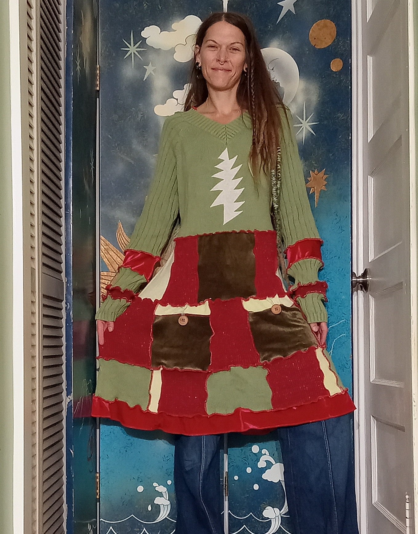 Jingle Bells Grateful Dead Patchwork Eco Sweater Dress with Pockets