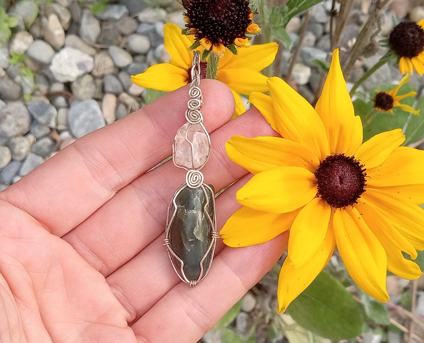 Quartz and Nephrite Jade Wire Wrapped Sterling Silver Pendant - Rainbows - Metaphysical - Natural - Organic Jewelry - Hippie - Bohemian - Handmade