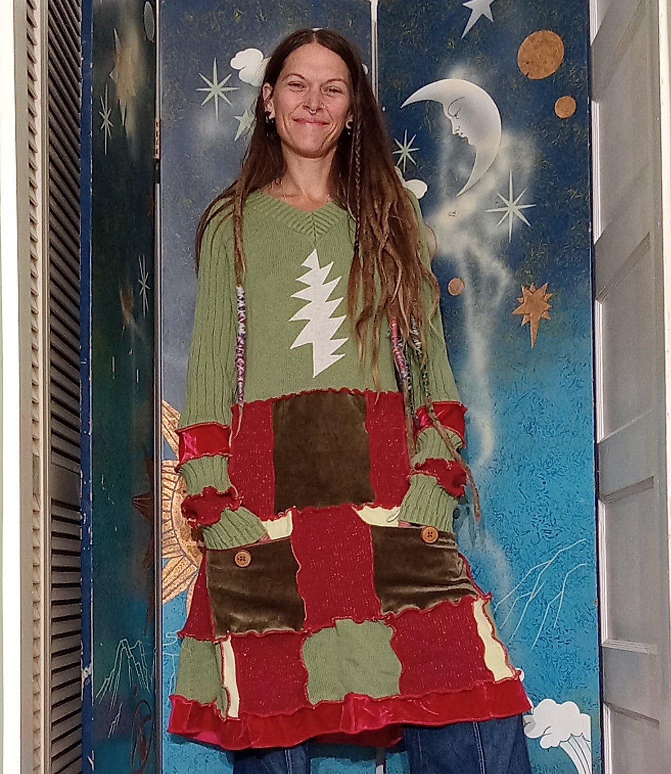 Jingle Bells Grateful Dead Patchwork Eco Sweater Dress with Pockets