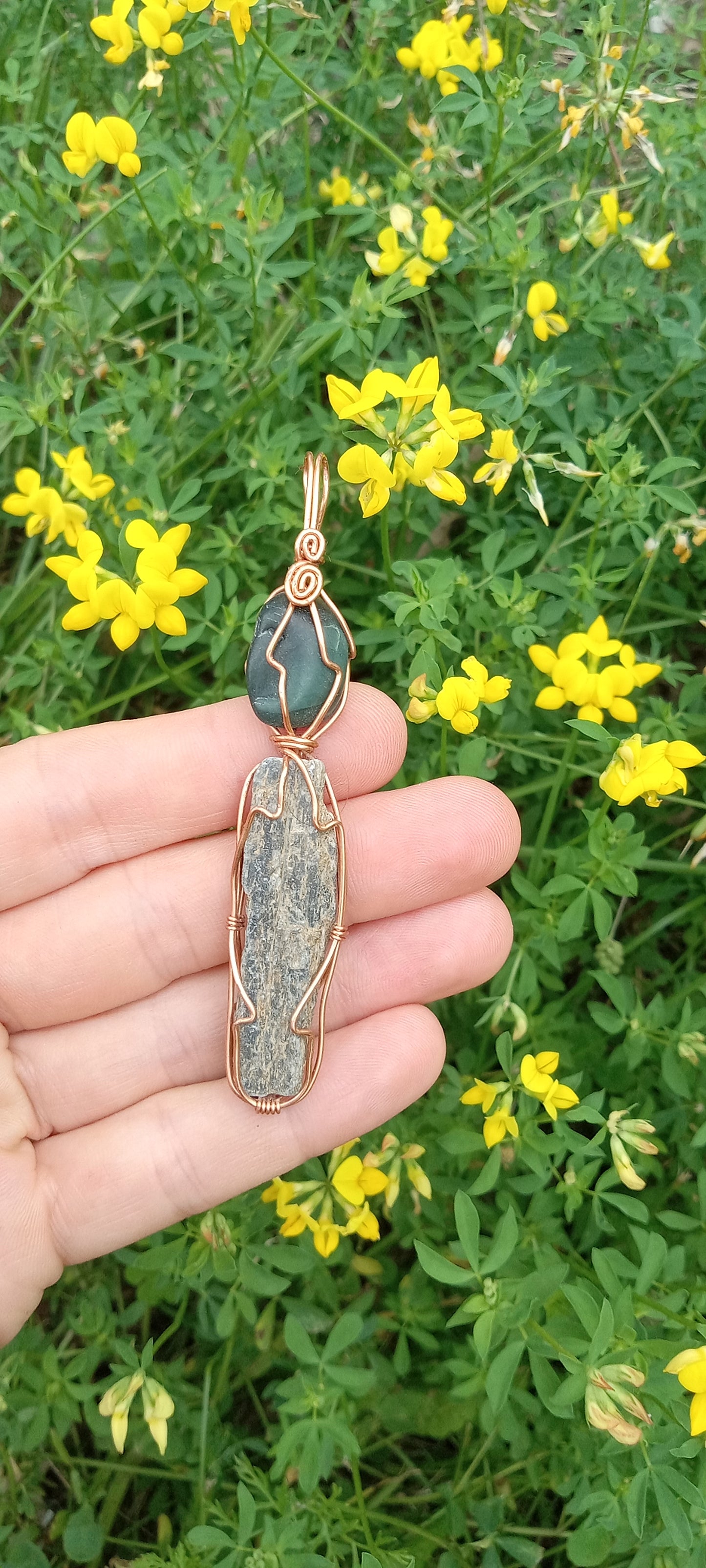 Jade and Black Kyanite Copper Wire Wrapped Pendant