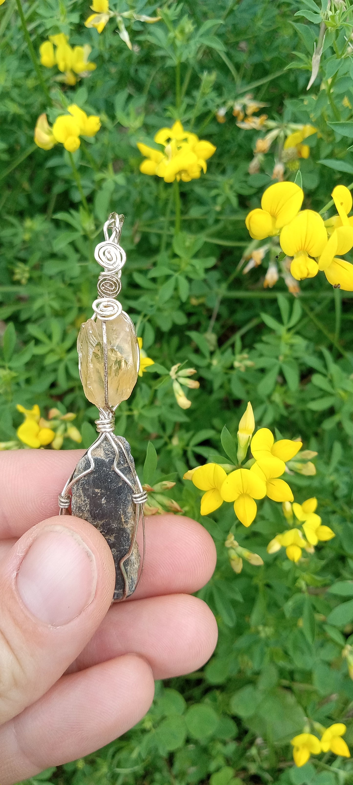 Golden Dogtooth Calcite and Black Kyanite Crystal Pendant - Handmade - Wire wrapped - Sterling Silver - Spirals - Metaphysical - Chakras - Natural Jewelry - Organic Jewelry - Ecofriendly - Hippie - Bohemian