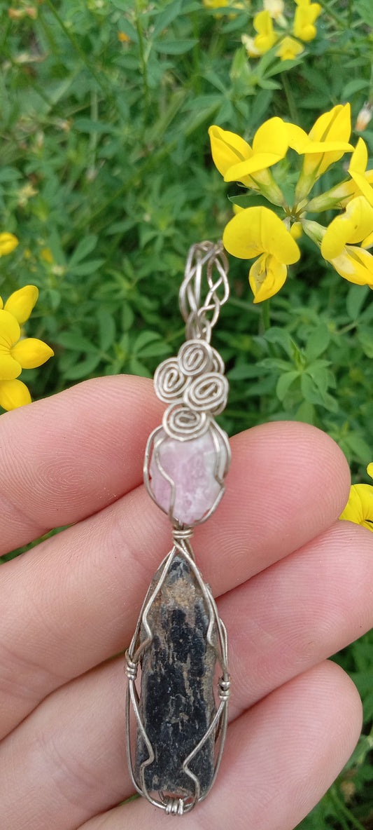 Lepidolite and Black Kyanite Sterling Silver Wire Wrapped Pendant