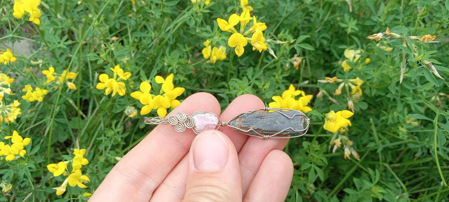 Lepidolite and Black Kyanite Sterling Silver Wire Wrapped Pendant