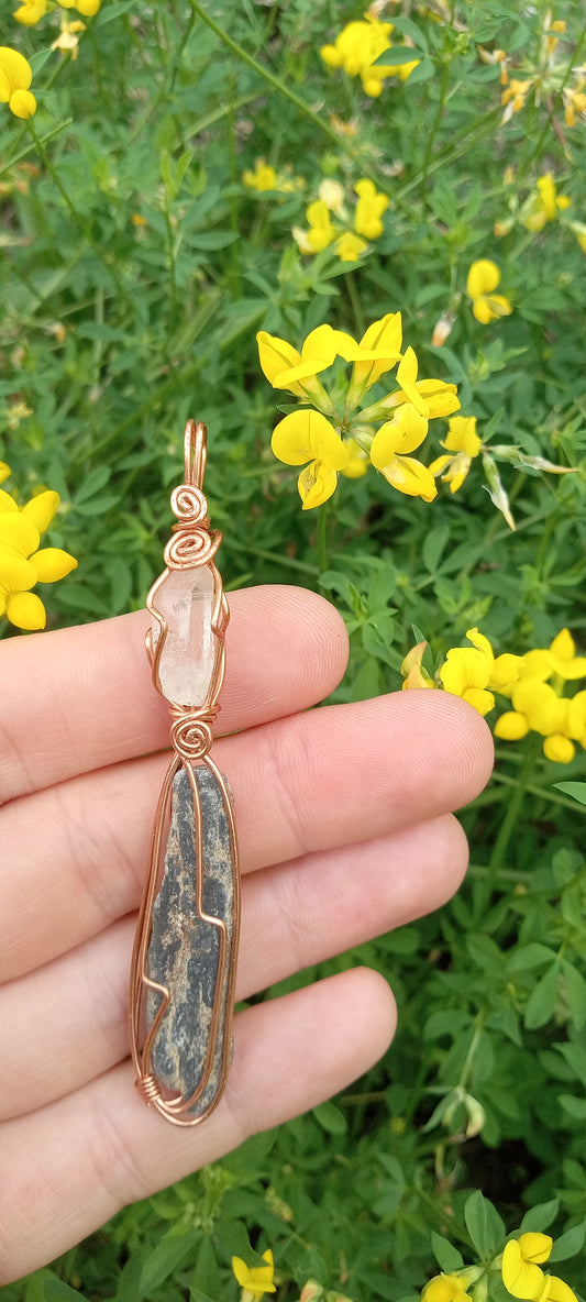 Quartz and Black Kyanite Copper Wire Wrapped Pendant