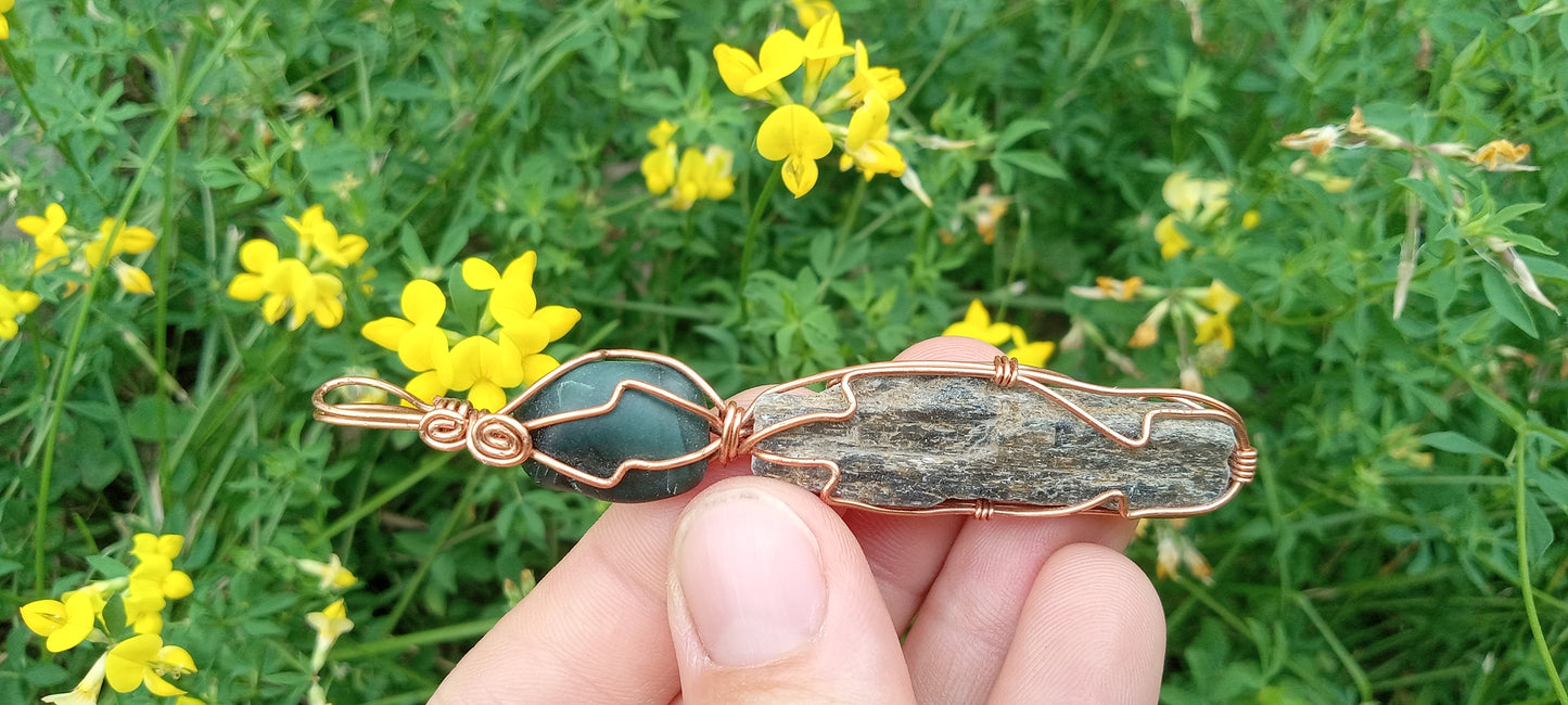 Jade and Black Kyanite Copper Wire Wrapped Pendant