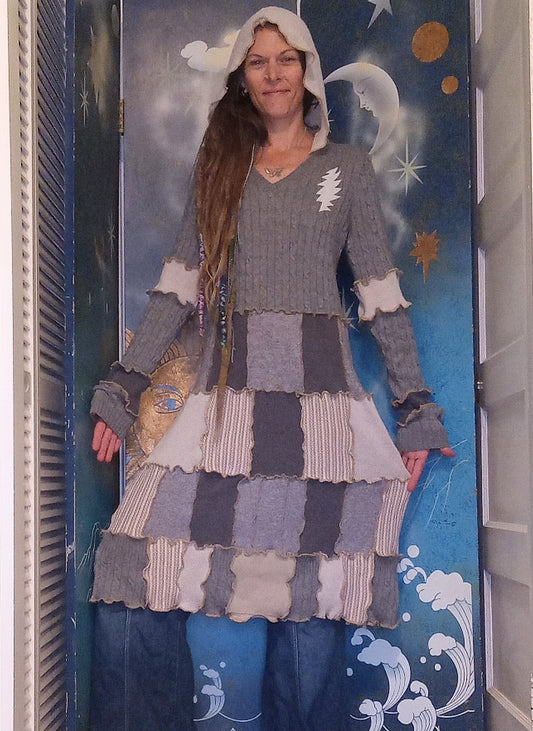 Winter Gray Grateful Dead Patchwork Eco Wool Dress with Hood