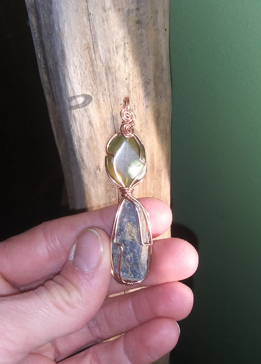 Black Kyanite and Jade Copper Wire Wrapped Pendant - Handmade - Crystal Jewelry - Organic Jewelry - Ecofriendly - Bohemian - Hippie Jewelry - Crystal Pendant - Gemstone - Spirals