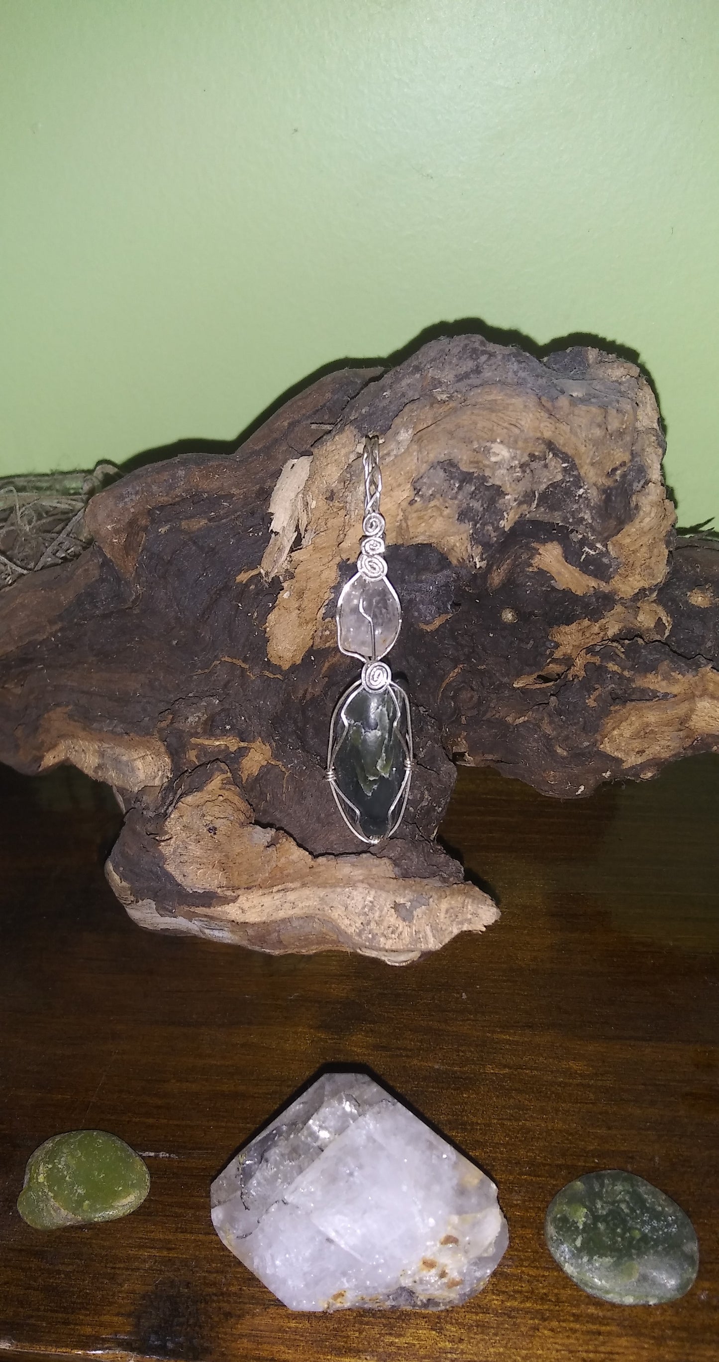 Quartz and Nephrite Jade Wire Wrapped Sterling Silver Pendant - Rainbows - Metaphysical - Natural - Organic Jewelry - Hippie - Bohemian - Handmade