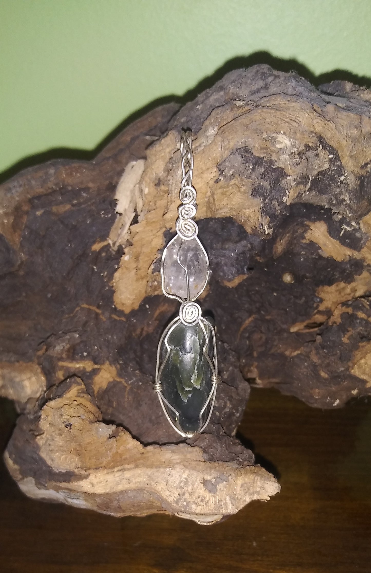 Quartz and Nephrite Jade Wire Wrapped Sterling Silver Pendant - Rainbows - Metaphysical - Natural - Organic Jewelry - Hippie - Bohemian - Handmade