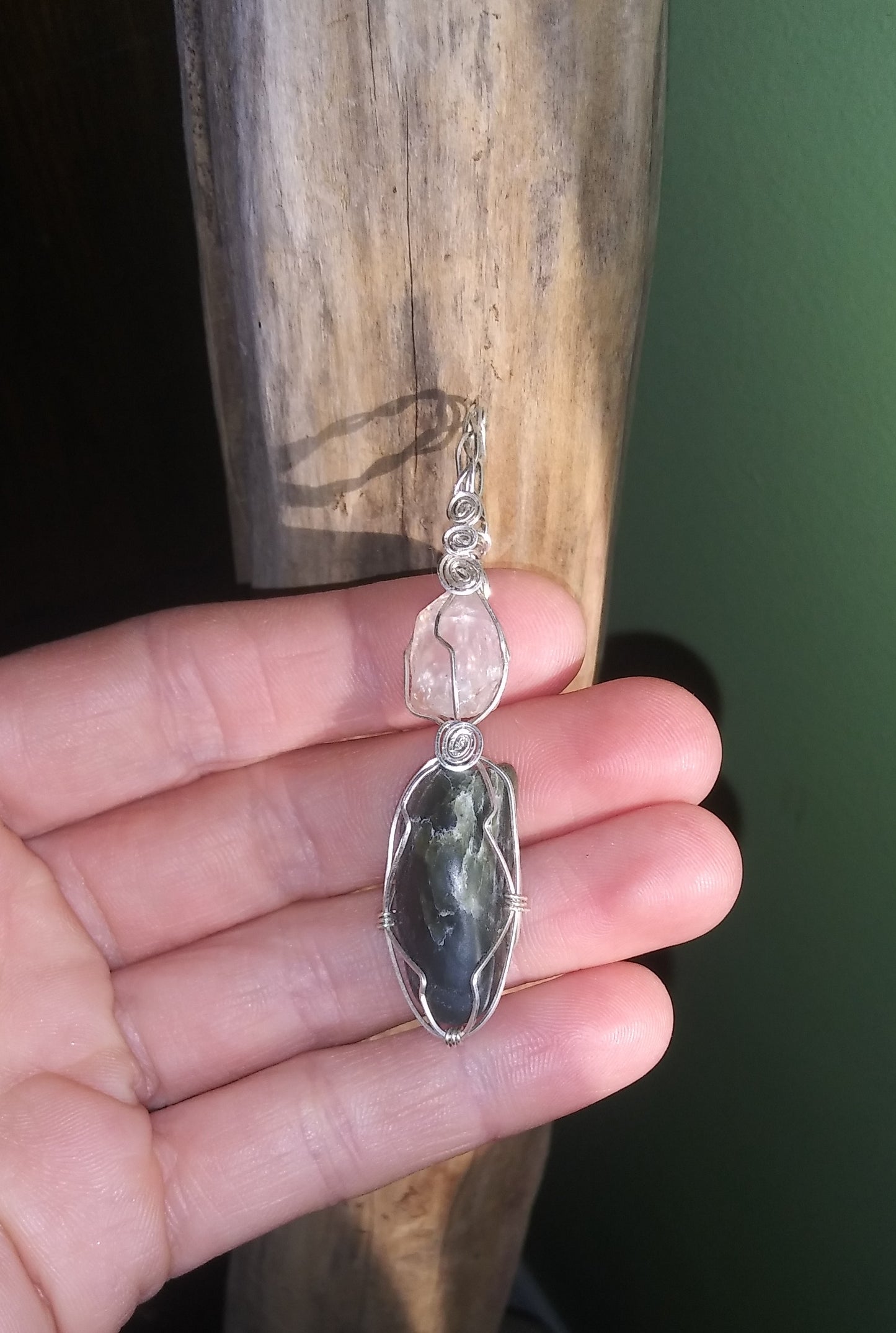 Quartz and Nephrite Jade Wire Wrapped Sterling Silver Pendant - Rainbows - Metaphysical - Natural - Organic Jewelry - Hippie - Bohemian - Handmade