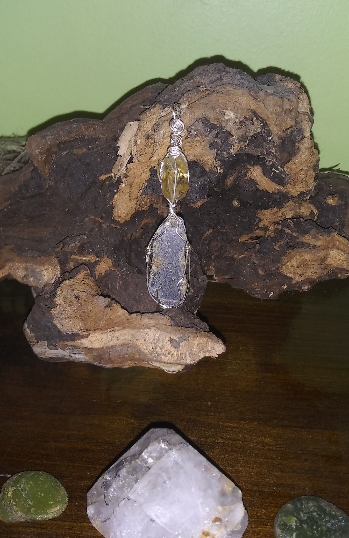 Golden Dogtooth Calcite and Black Kyanite Crystal Pendant - Handmade - Wire wrapped - Sterling Silver - Spirals - Metaphysical - Chakras - Natural Jewelry - Organic Jewelry - Ecofriendly - Hippie - Bohemian