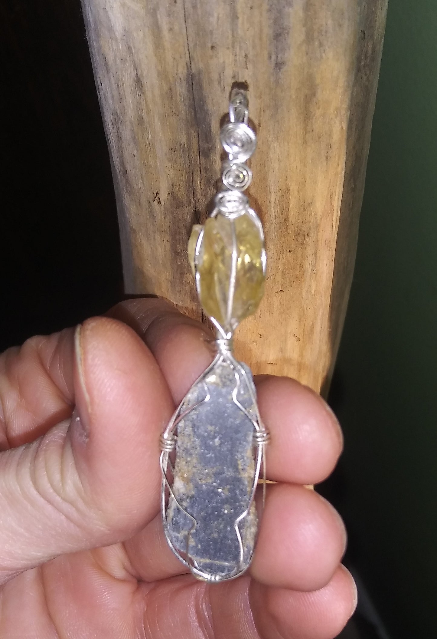 Golden Dogtooth Calcite and Black Kyanite Crystal Pendant - Handmade - Wire wrapped - Sterling Silver - Spirals - Metaphysical - Chakras - Natural Jewelry - Organic Jewelry - Ecofriendly - Hippie - Bohemian