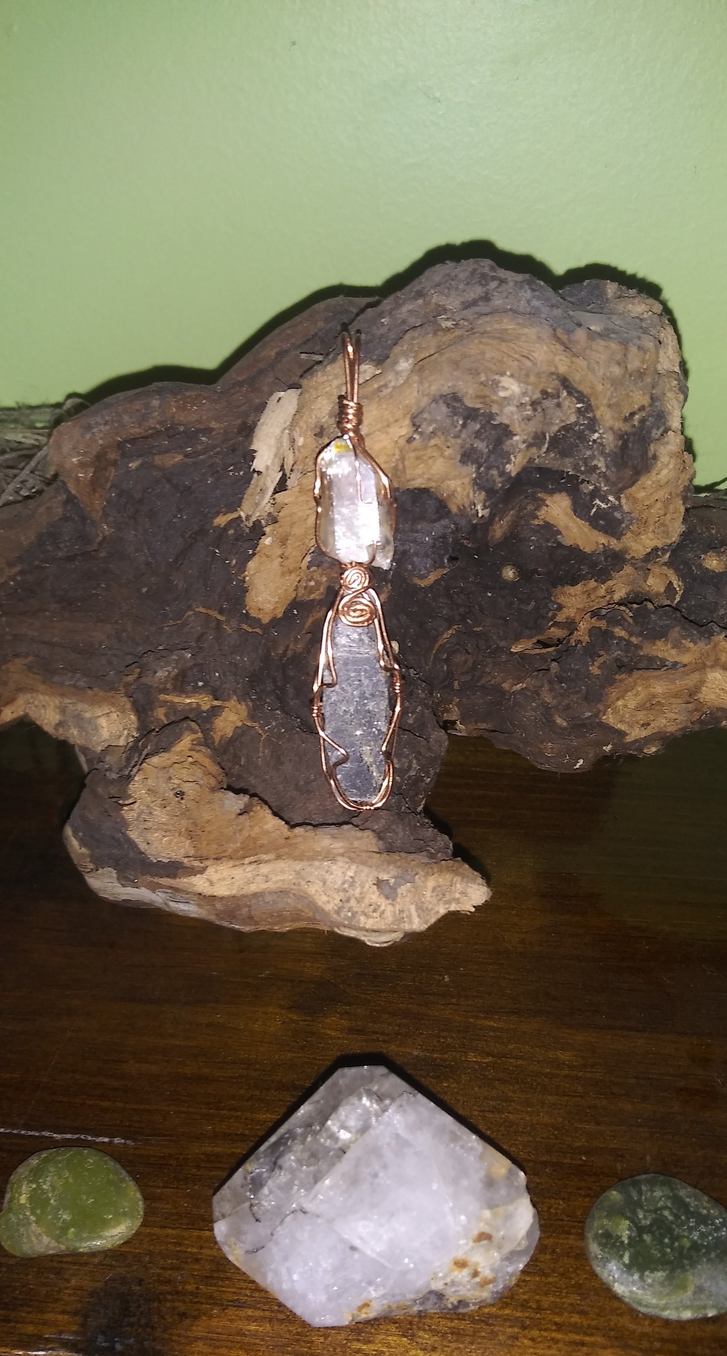 Quartz and Black Kyanite Crystal Pendant - Handmade - Wire wrapped - Copper - Metaphysical -